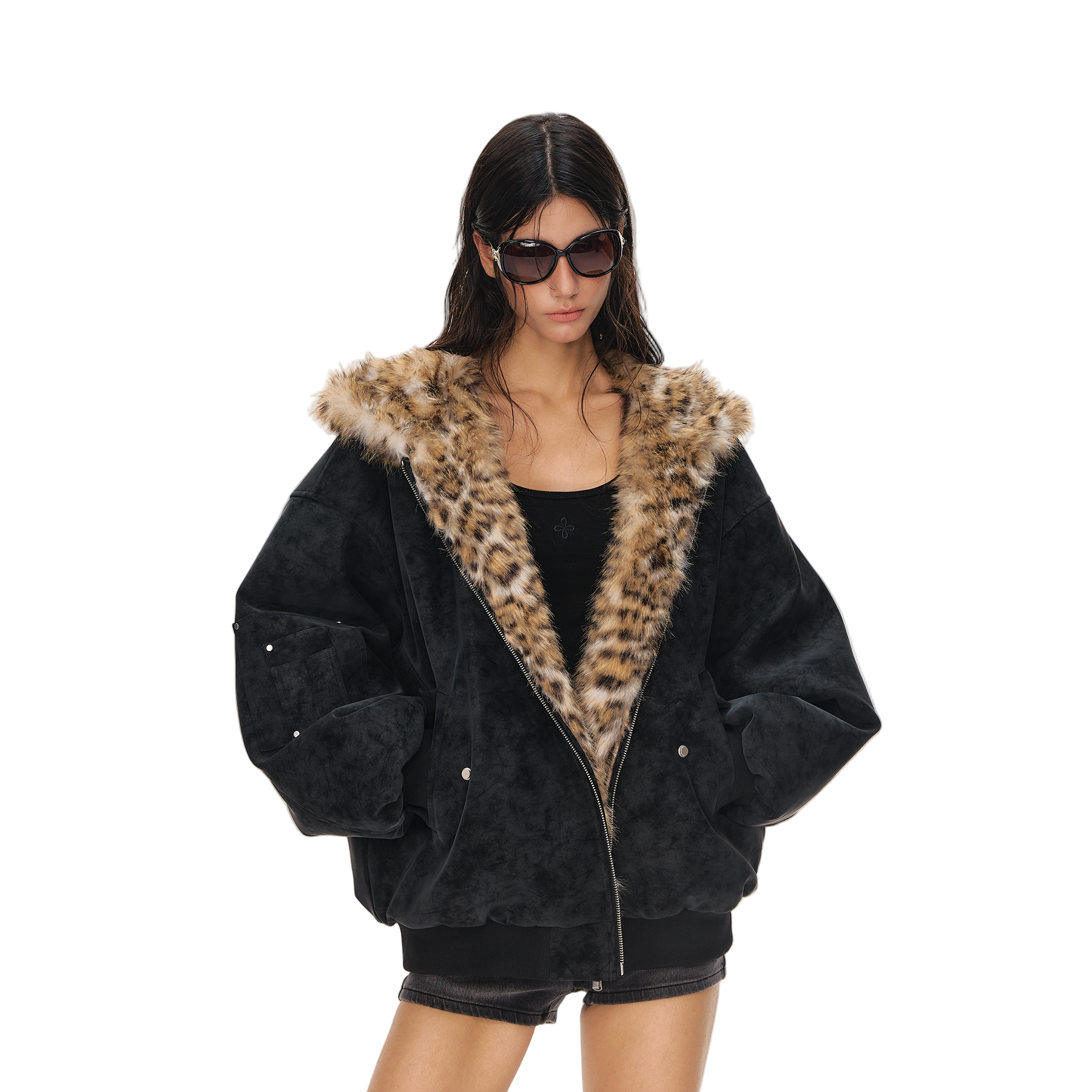 Black Leopard Print Reversible Eco-Friendly Fur Coat