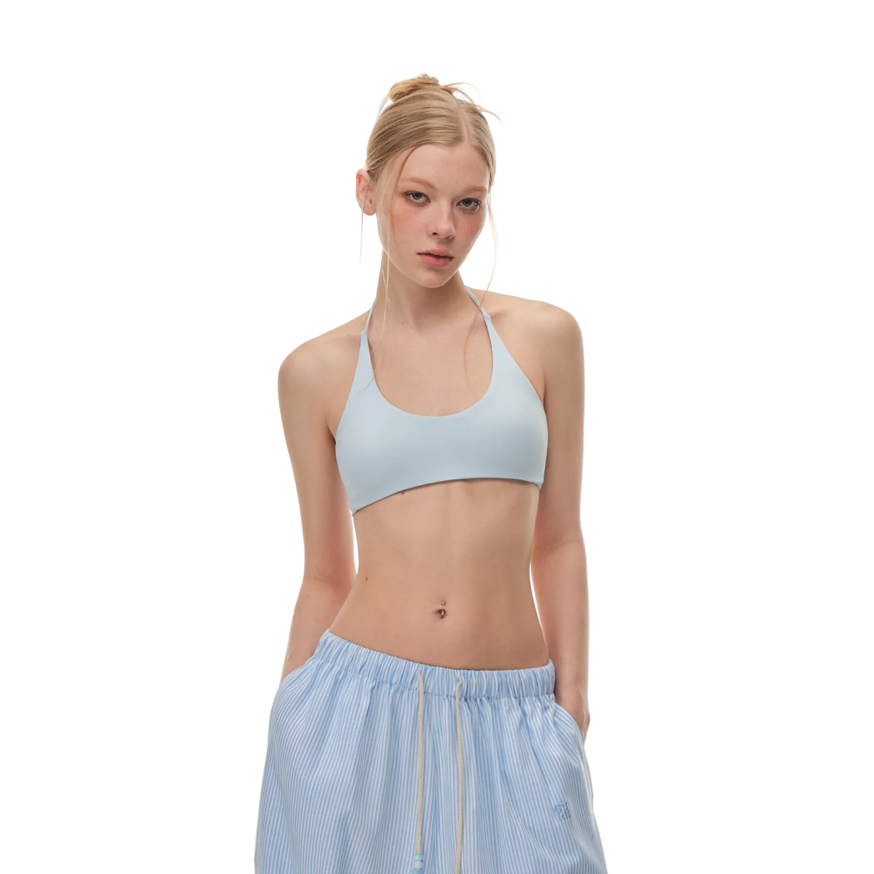 Blue High Elastic Halter Neck Tie-up Built-in Bra Tank Top