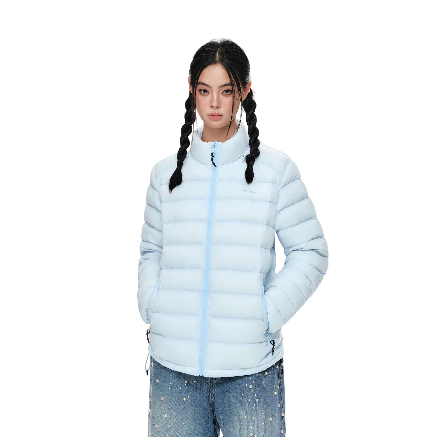 Blue Lightweight Cloud-like Ribbed Stand Collar Warm Down Jacket