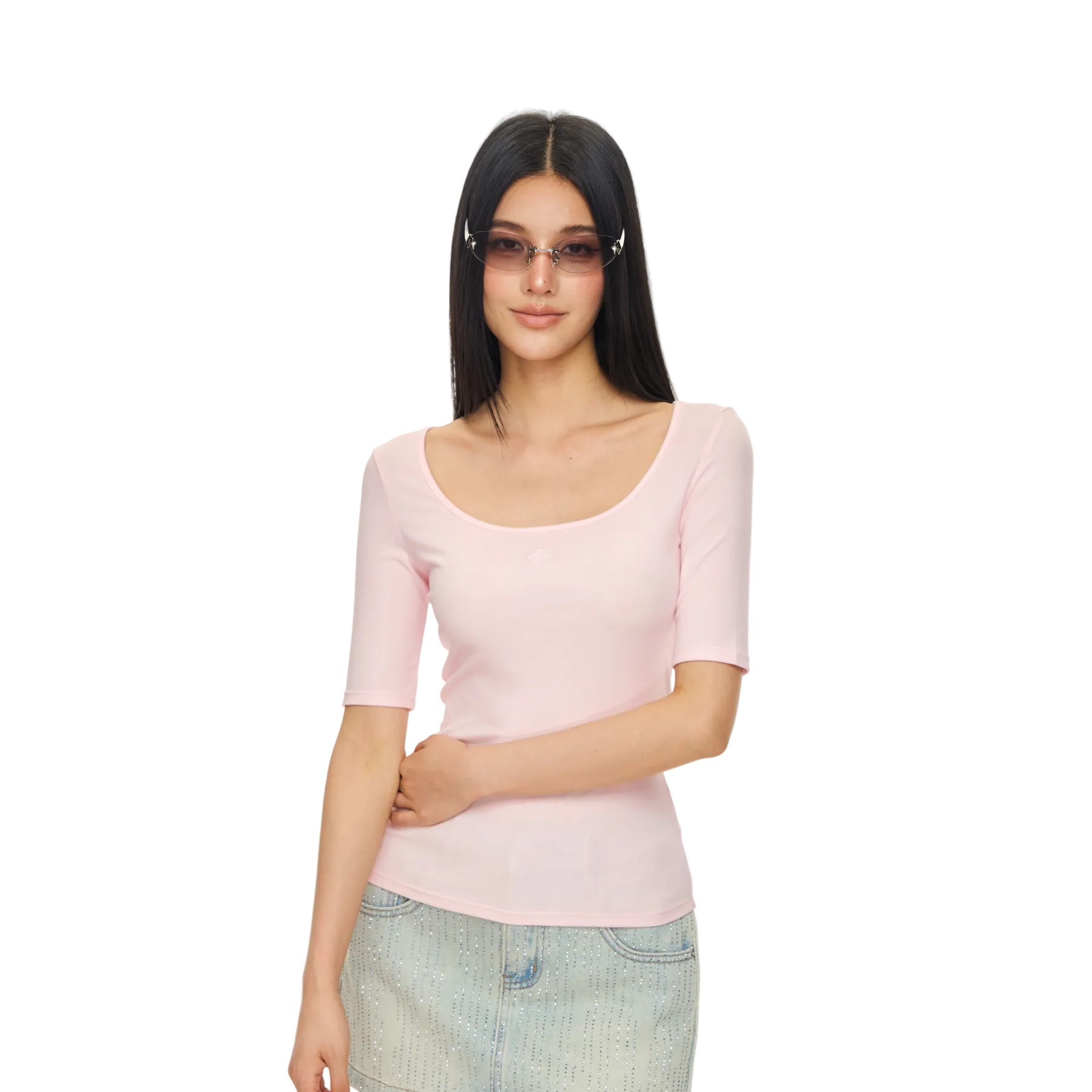 Pink Lyocell Cross Mid-Sleeve T-Shirt