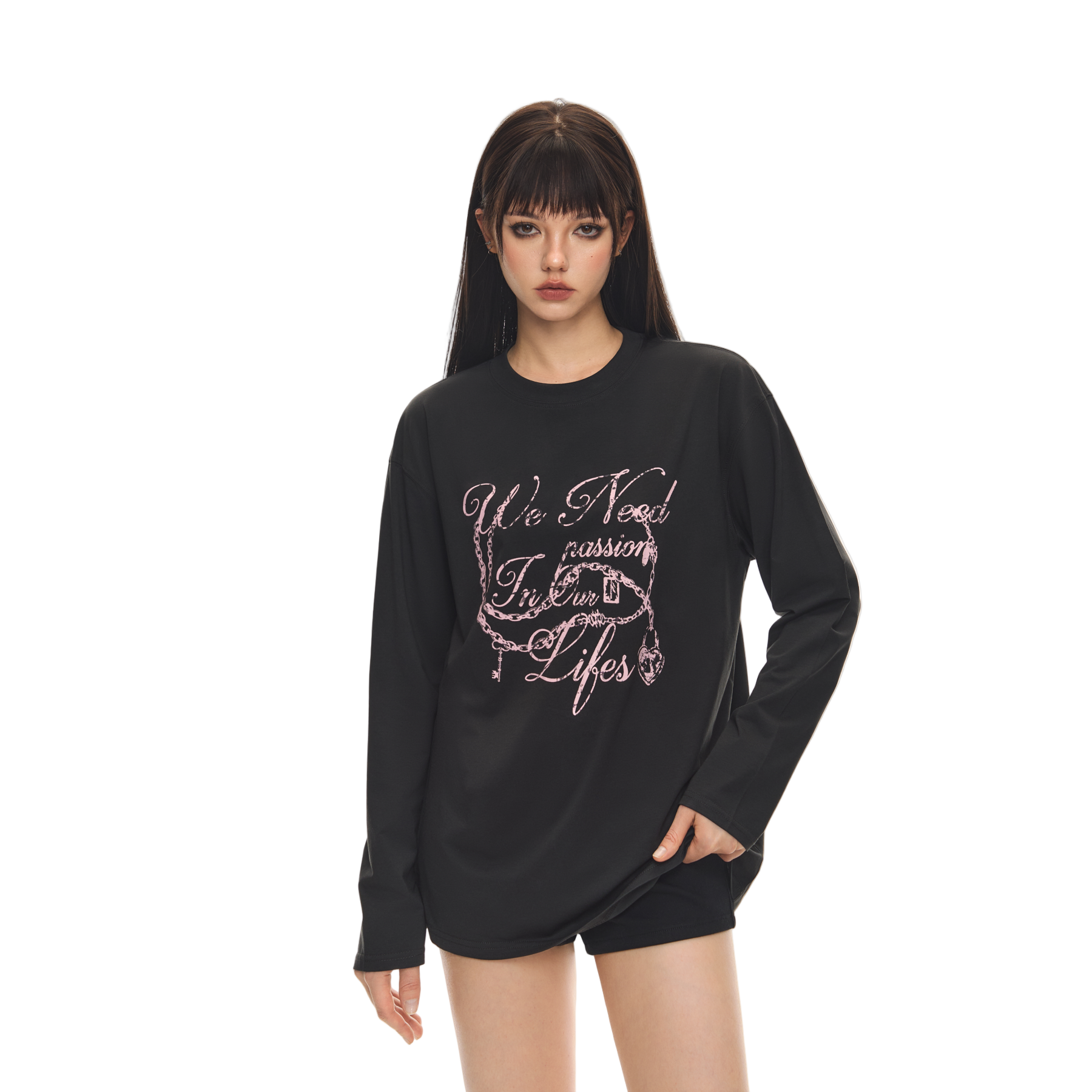 Dark Grey 3D Distressed Chain Letter Print Long-sleeved T-shirt