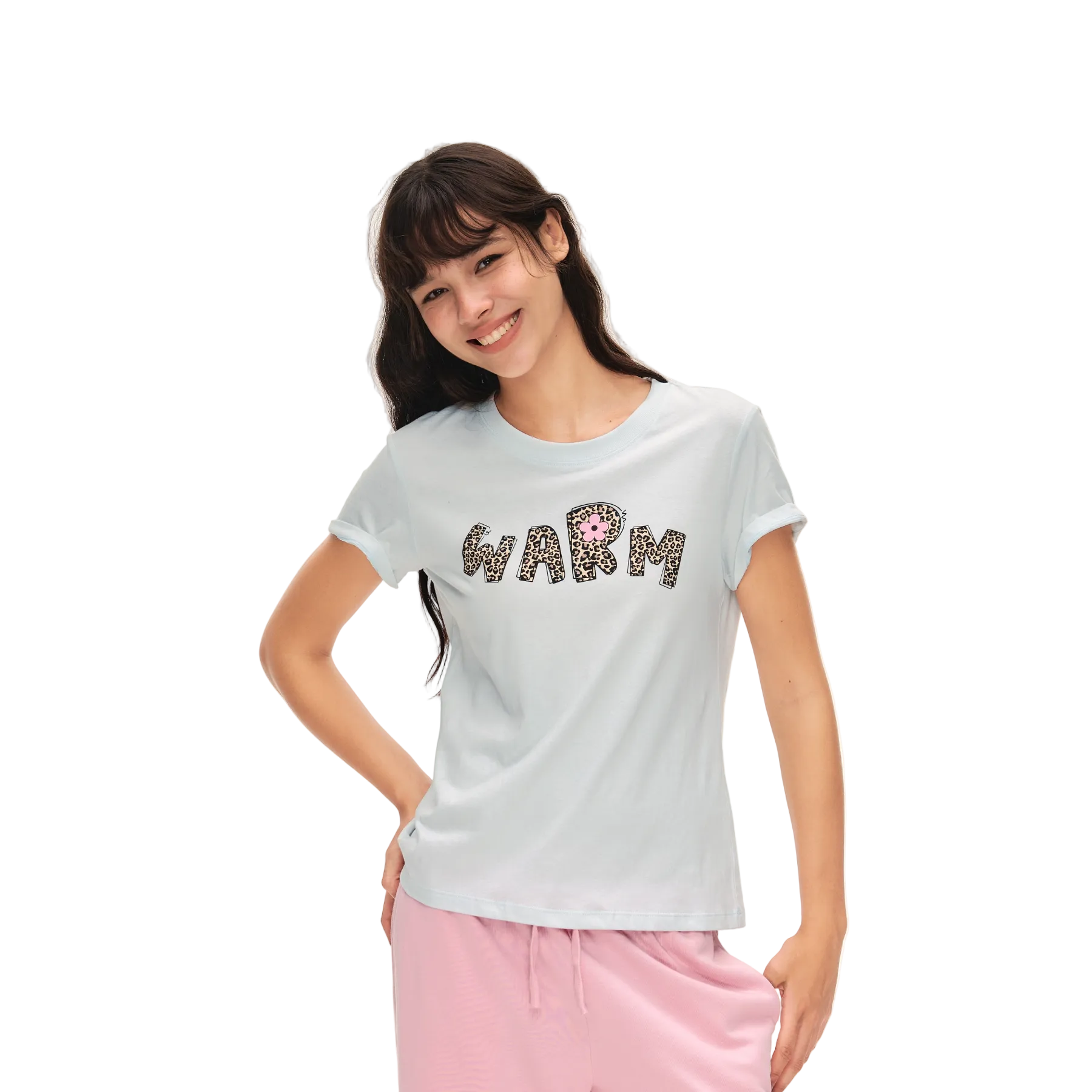 Blue Linen Leopard Print Letter Print Short-Sleeve T-Shirt
