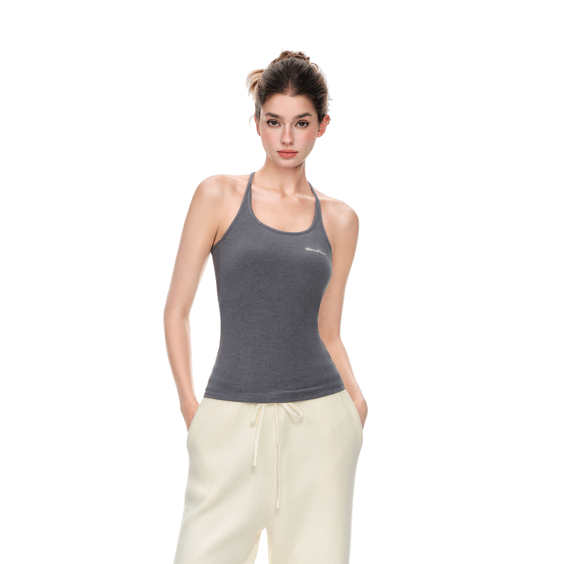 Soft Built-In Bra Halterneck Tank Top In Grey