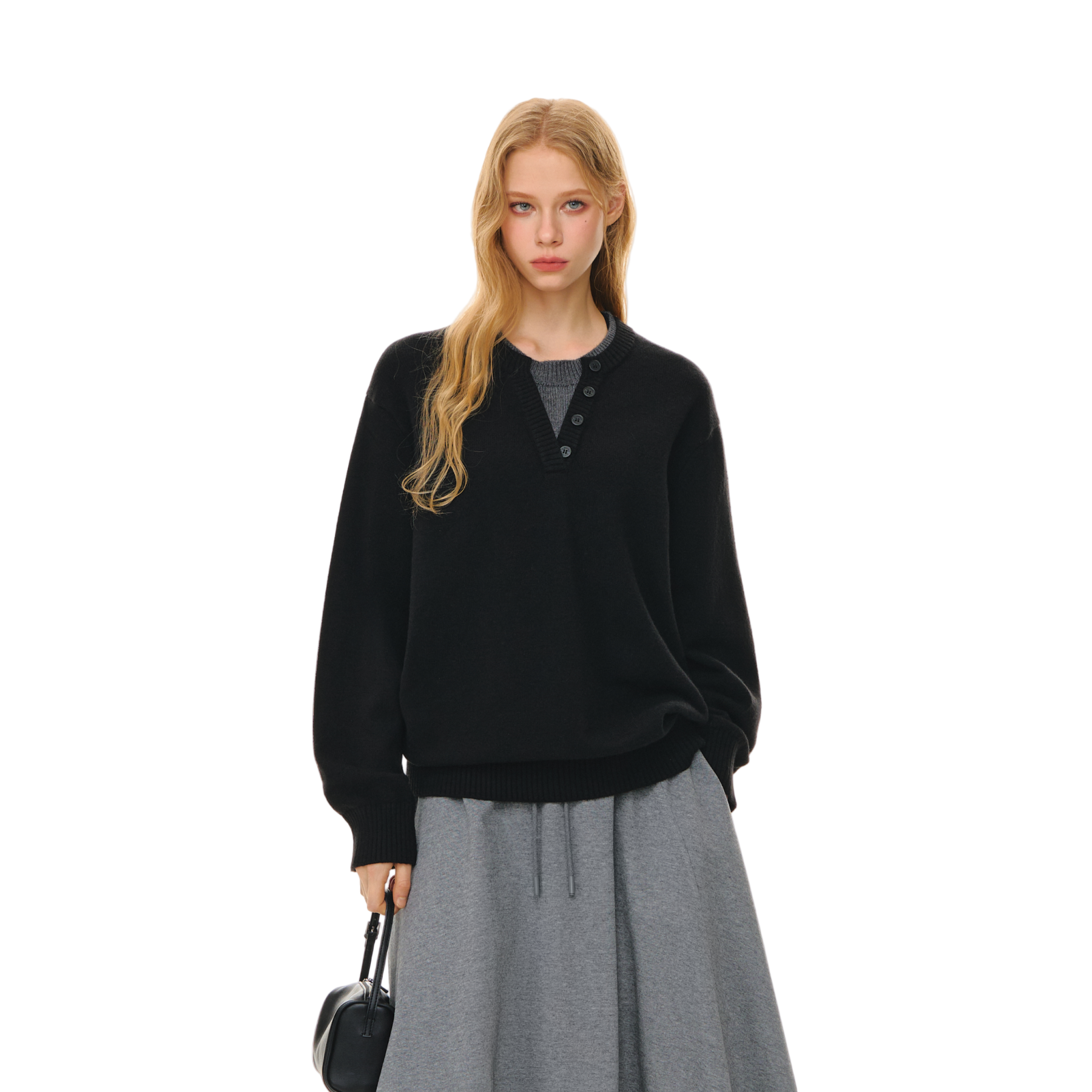 Sheep Wool Blend V-neck Fake Two-piece Knit Sweater In Black