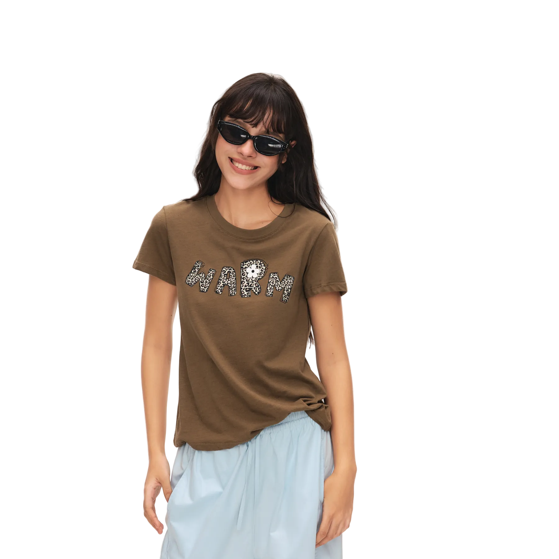 Green Linen Leopard Print Letter Print Short-Sleeve T-Shirt
