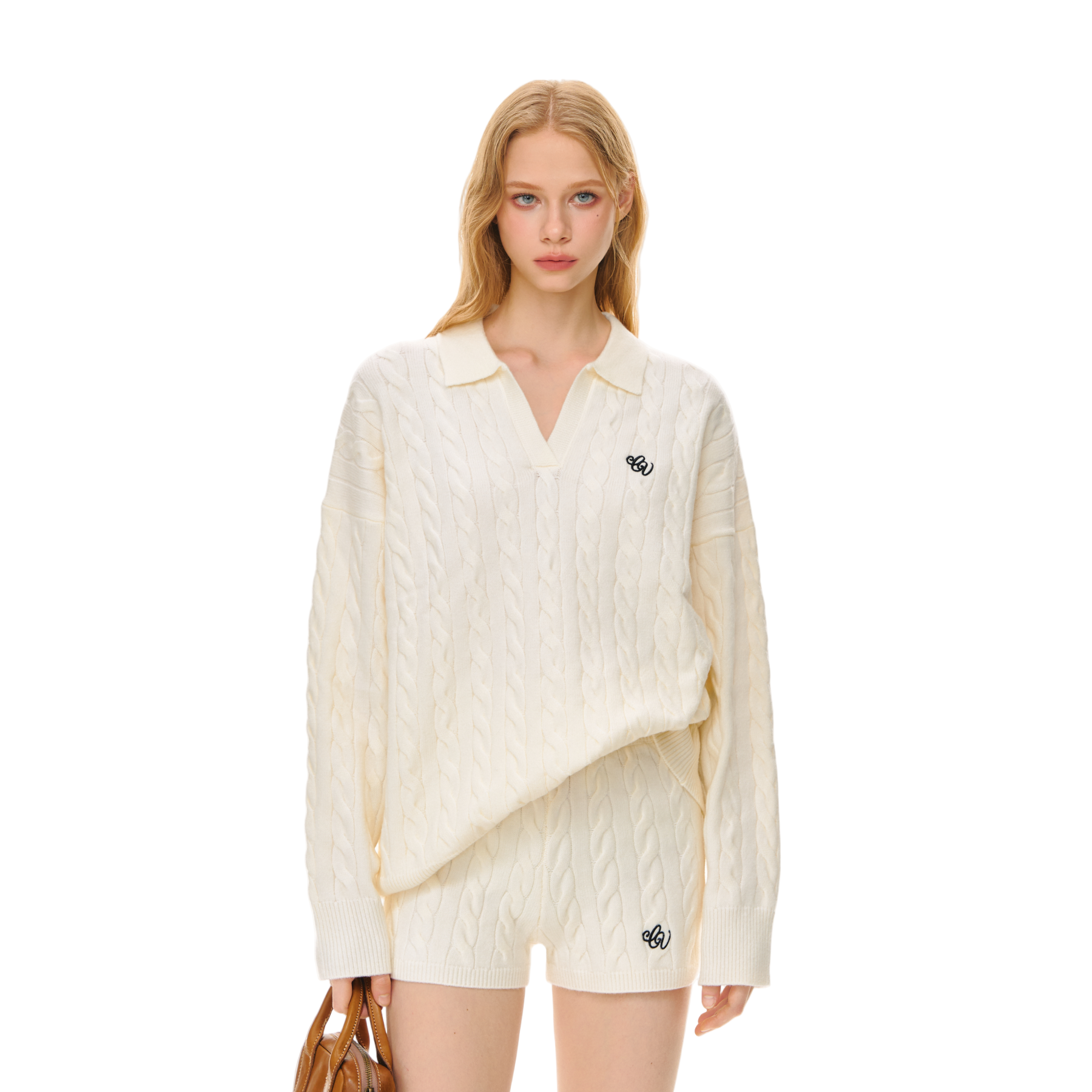 Beige Cable Knit Set Polo Collar Embroidered Soft Knit Sweater