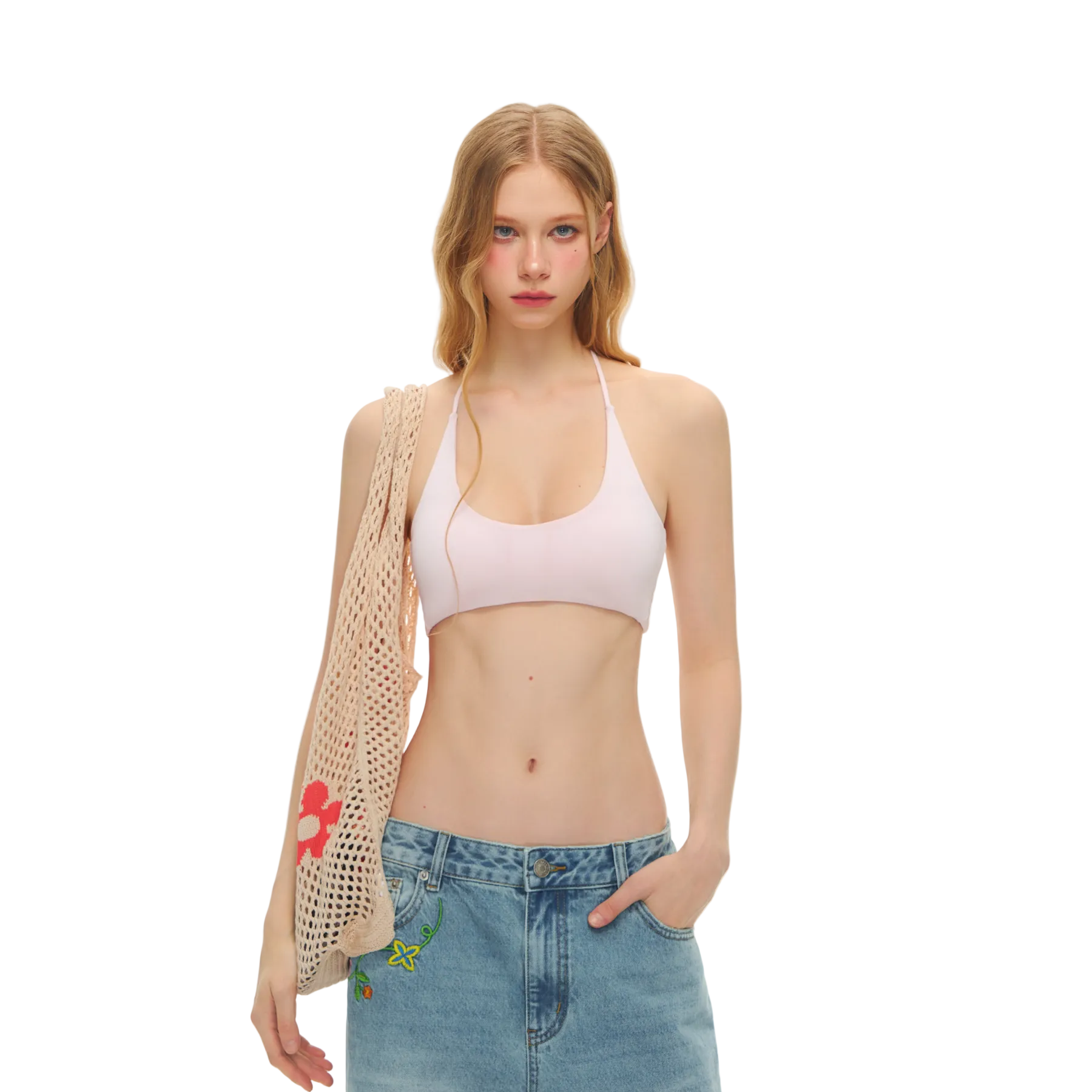 Pink High Elastic Halter Neck Tie-up Built-in Bra Tank Top