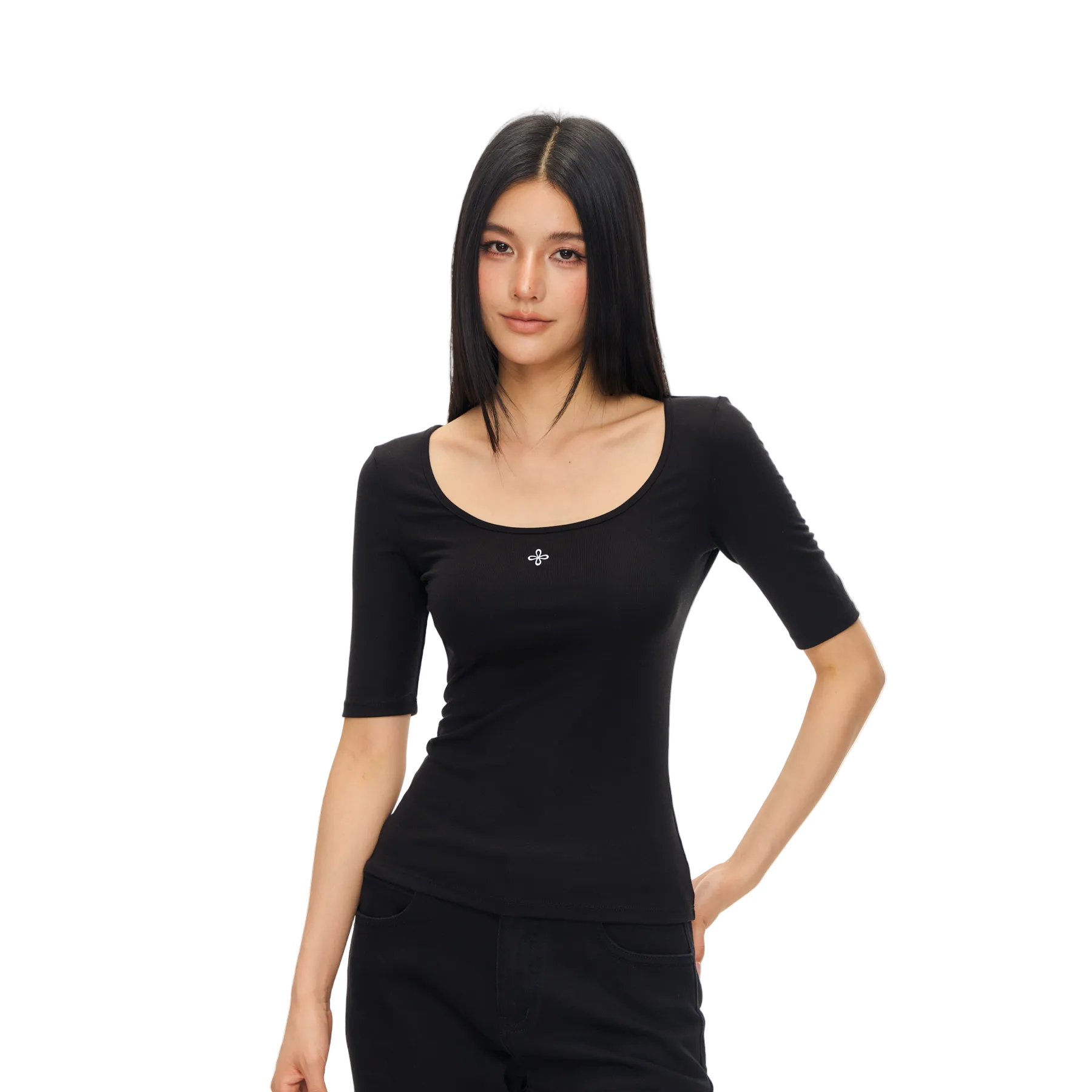 Black Lyocell Cross Mid-Sleeve T-Shirt