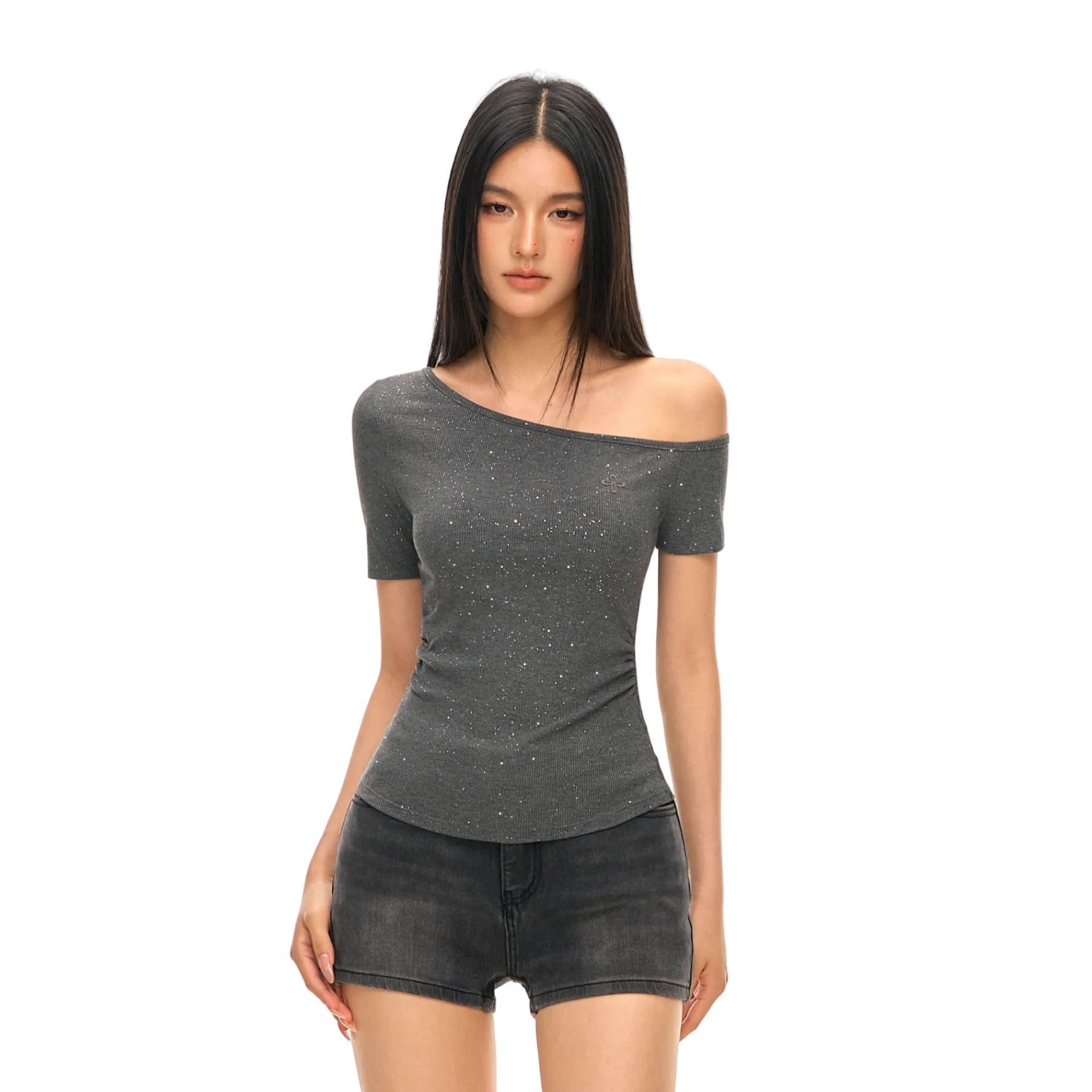 Grey Cross Flower Rhinestone Asymmetrical Off-Shoulder Short Sleeve