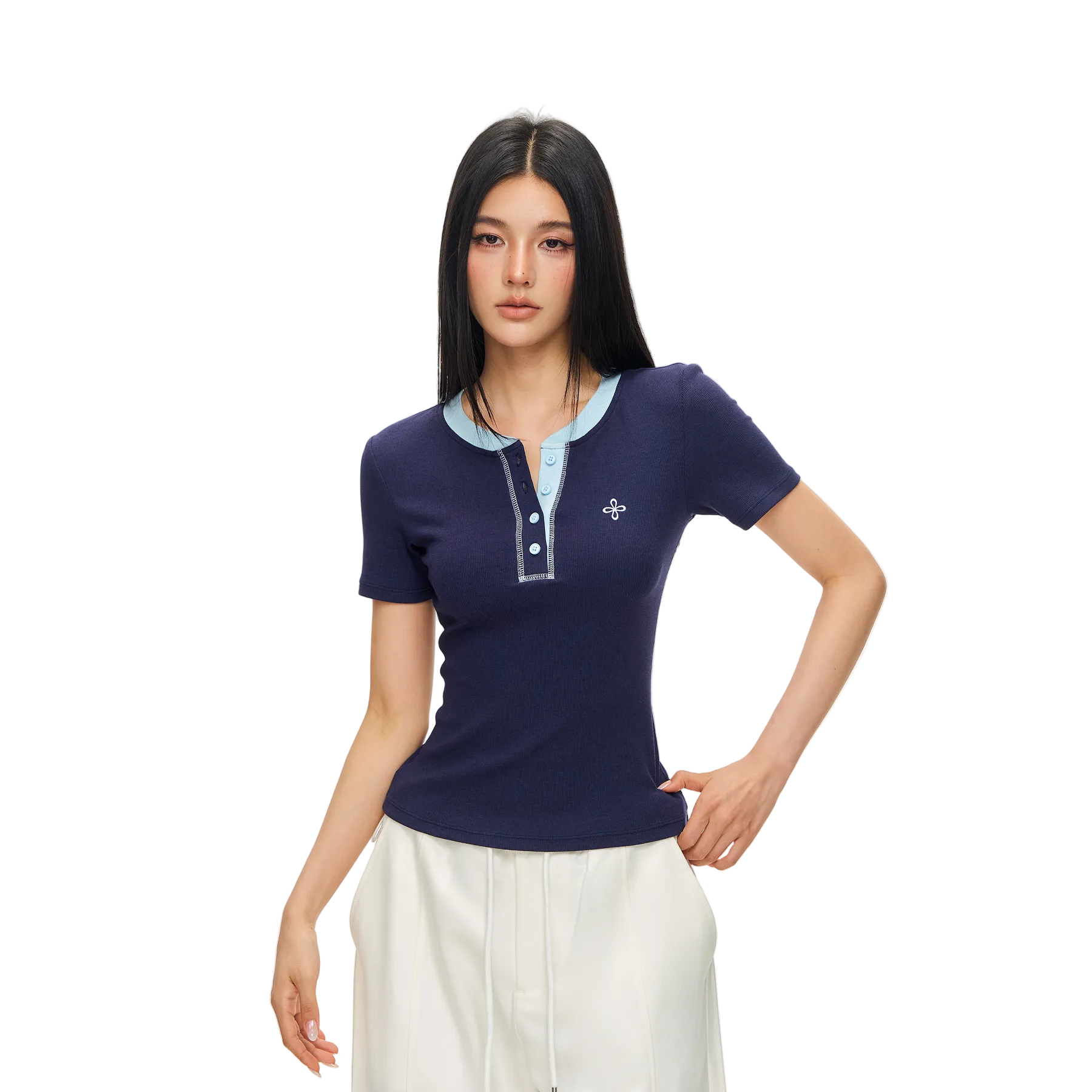 Navy Blue Cross Contrast Henley Collar Slim Fit Short Sleeve