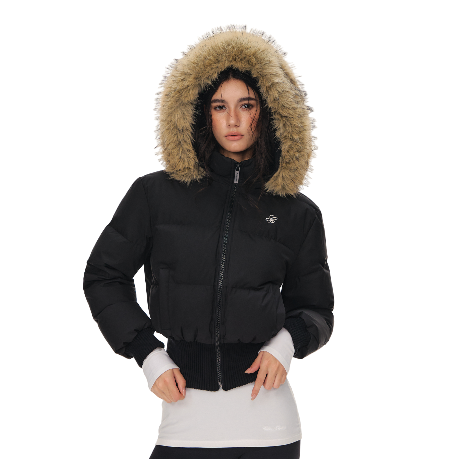 Black Short Down Jacket with Detachable Large Fur Collar