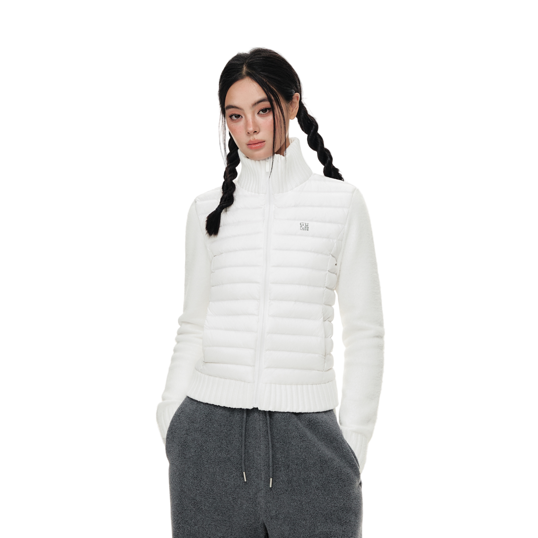 White Faux Mink Fur Knitted Patchwork Stand Collar Down Jacket