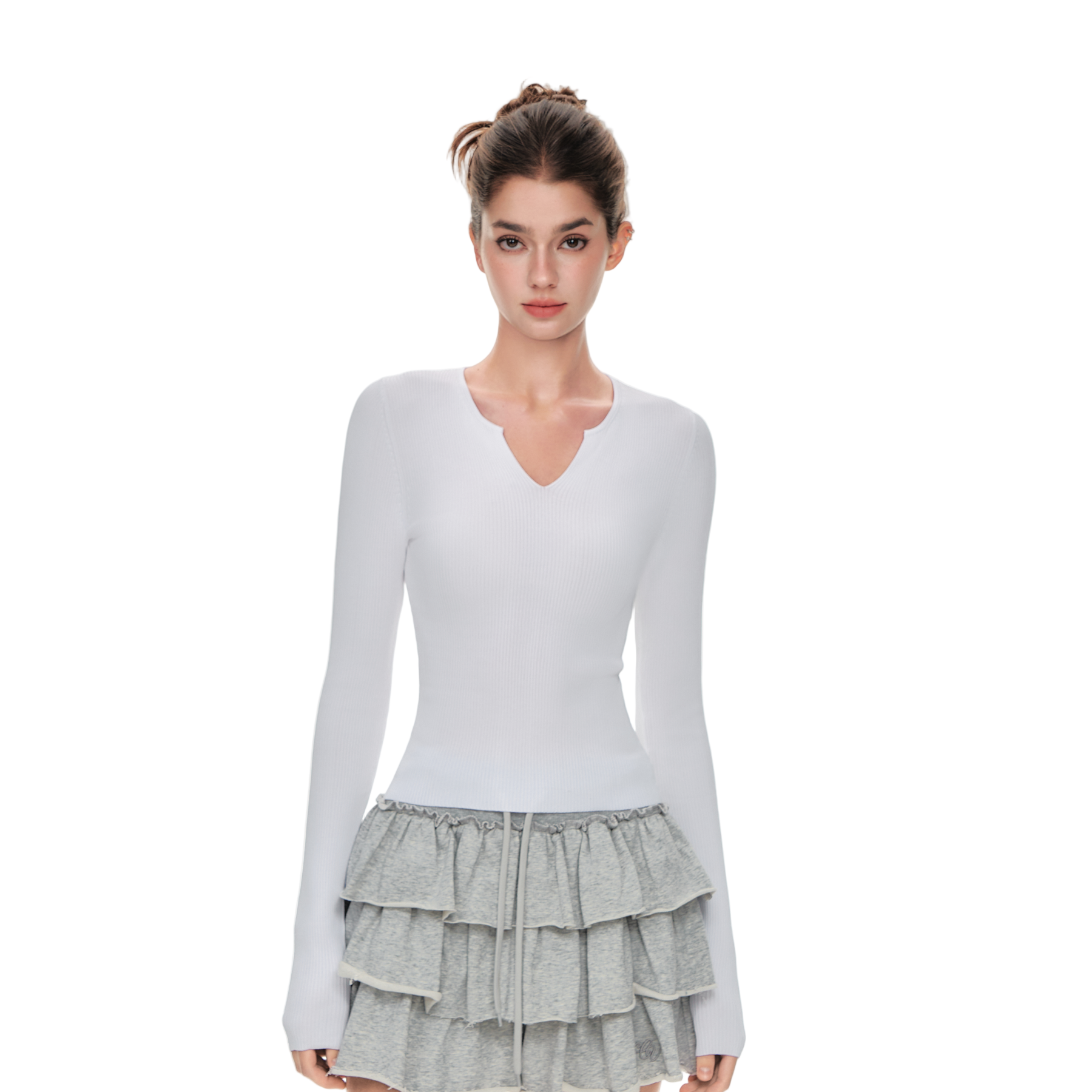 White Small V-neck Slim High Elastic Long Sleeve