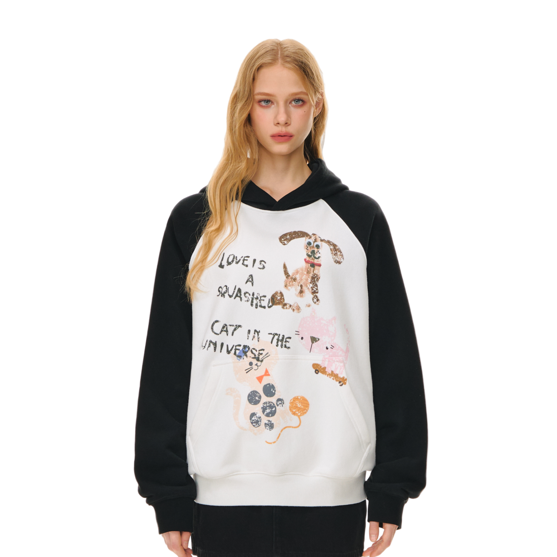 Black Hand-painted Graffiti Print Raglan Hooded Sweatshirt