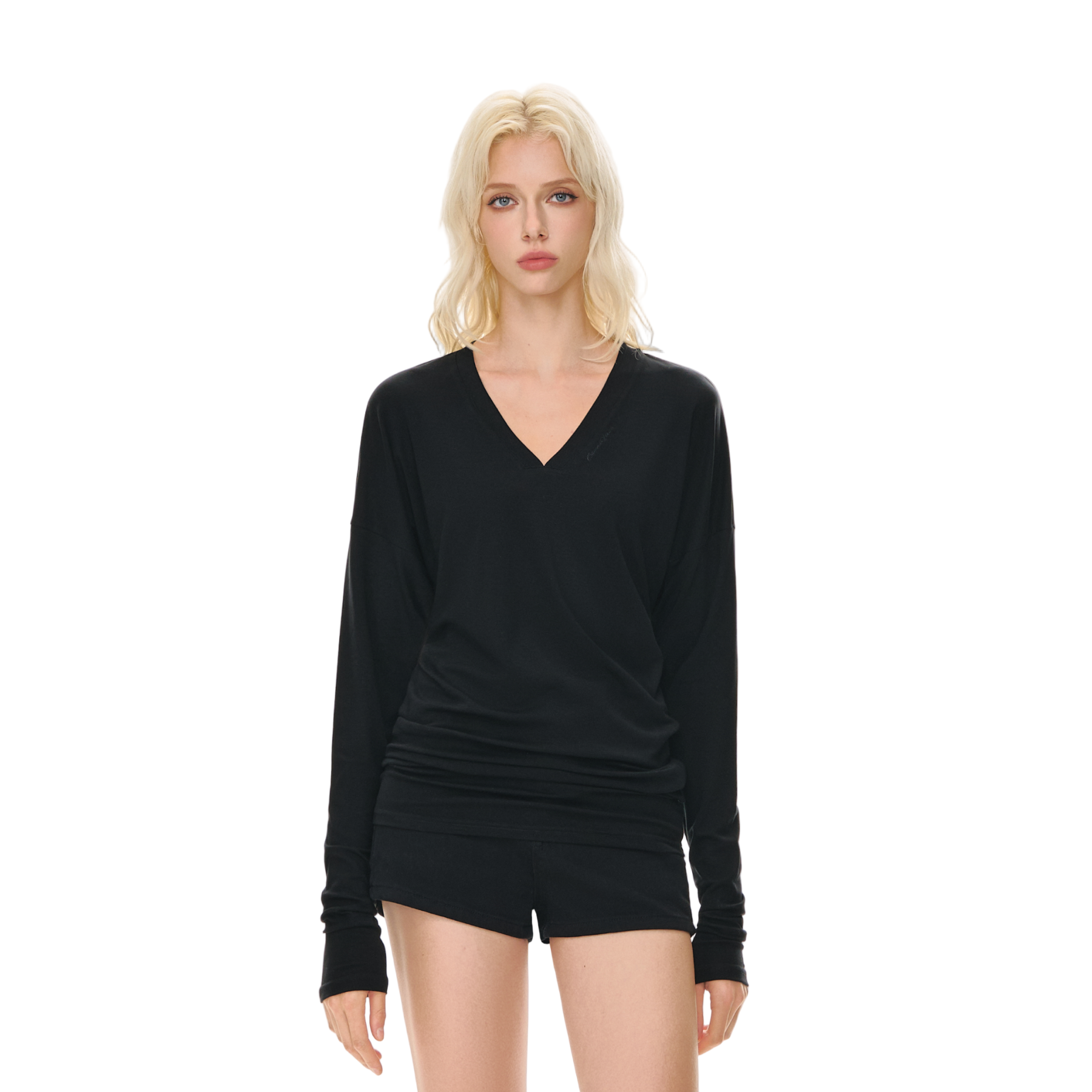 Black Lyocell Tencel V-neck Lazy Stacked Slim Long Sleeve