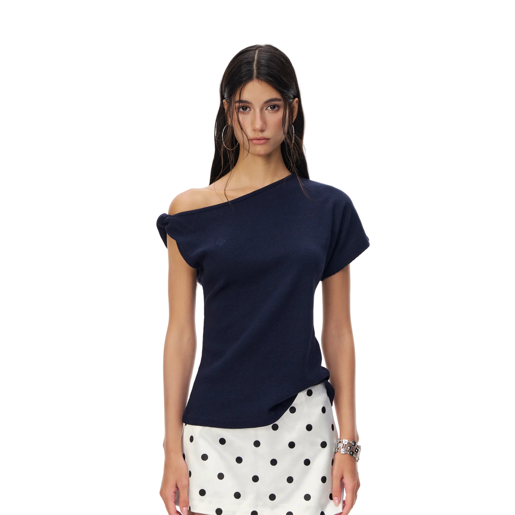 Navy Blue Cross Asymmetrical Knotted Off-Shoulder T-Shirt