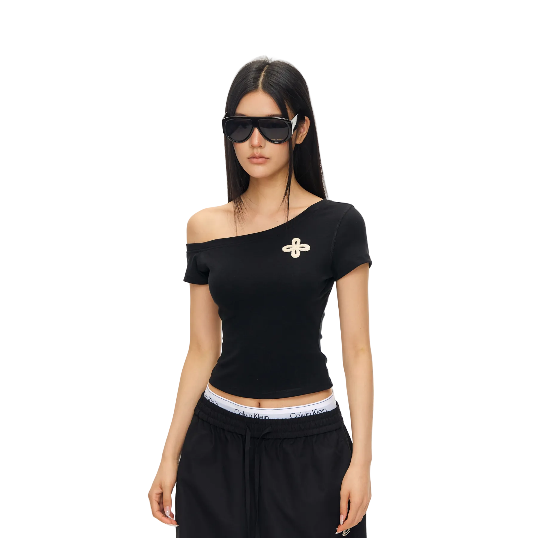 Black Cross Towel Embroidery Off-Shoulder Short Sleeve