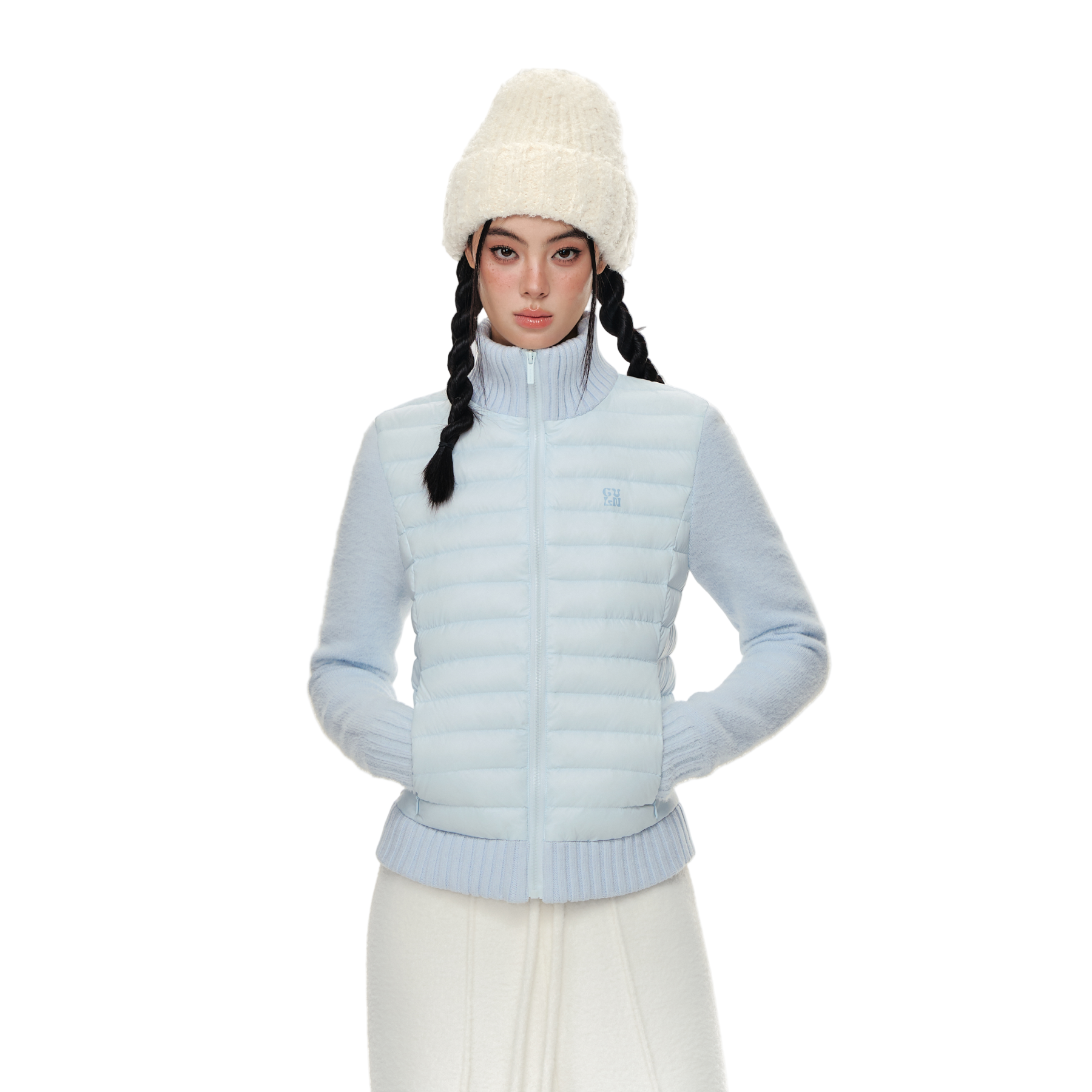 Blue Faux Mink Fur Knitted Patchwork Stand Collar Rib Down Jacket