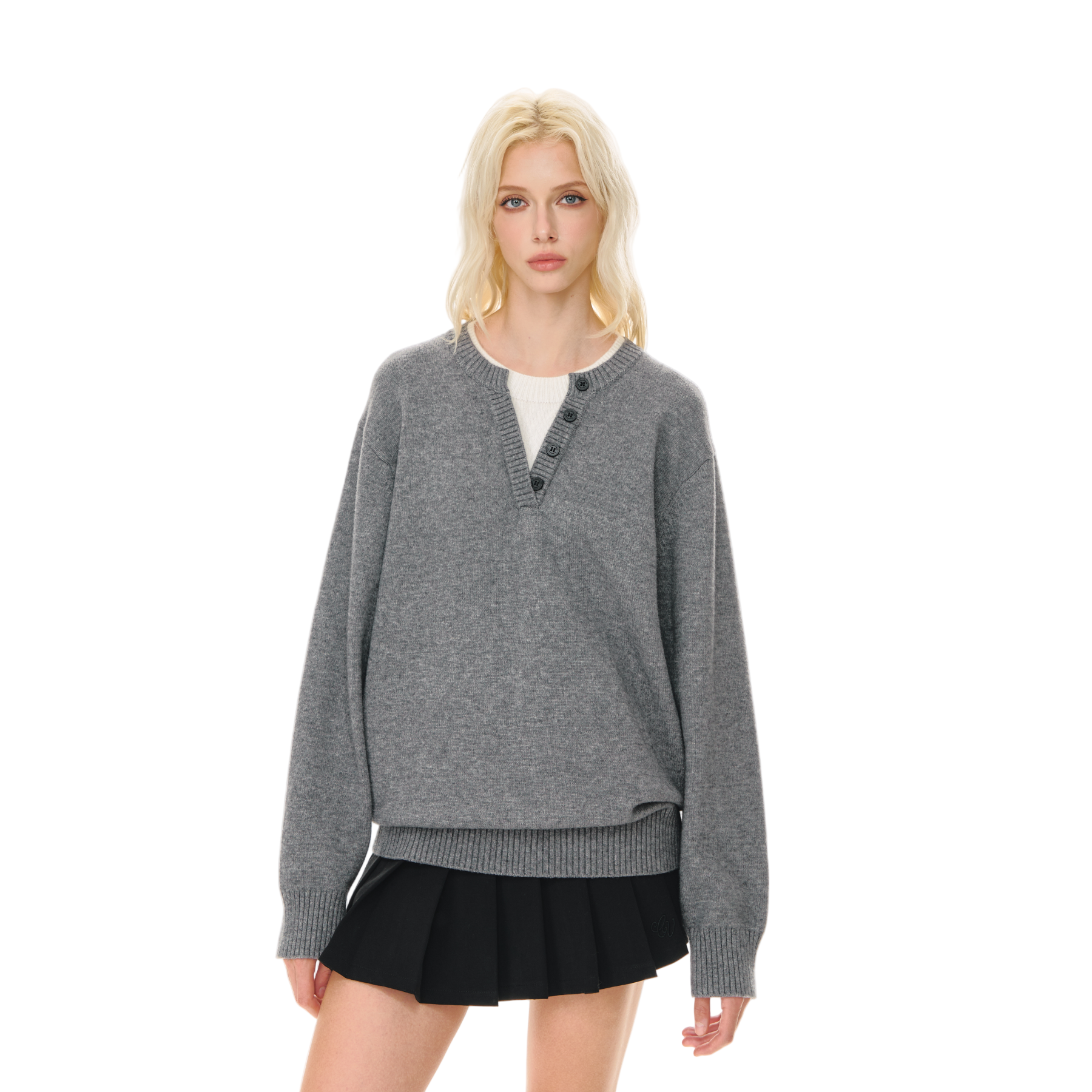 Sheep Wool Blend V-neck Fake Two-piece Knit Sweater In Grey