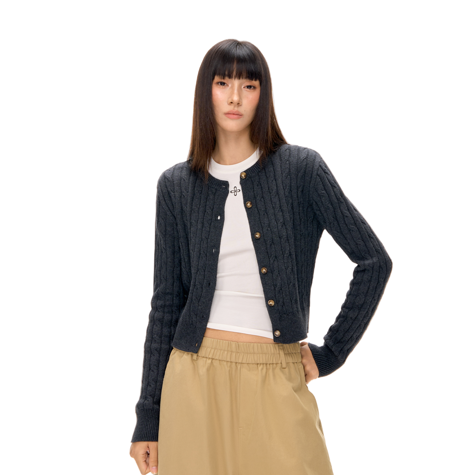 Dark Grey Retro Cable Knit Soft Classic Round Neck Knit Cardigan