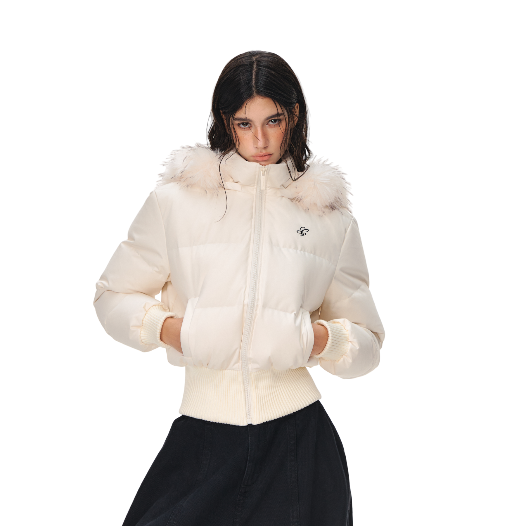 Beige Short Down Jacket with Detachable Large Fur Collar