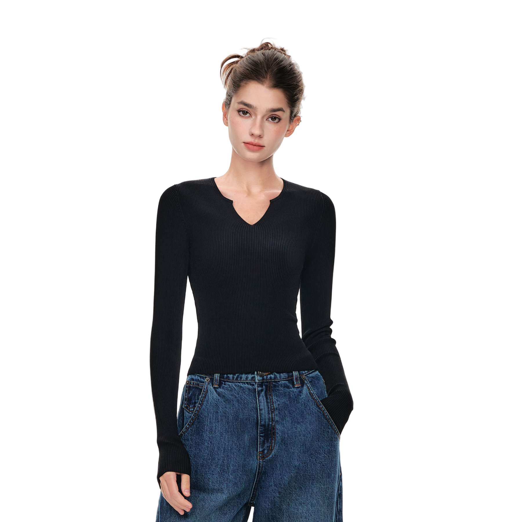 Black Small V-neck Slim High Elastic Long Sleeve