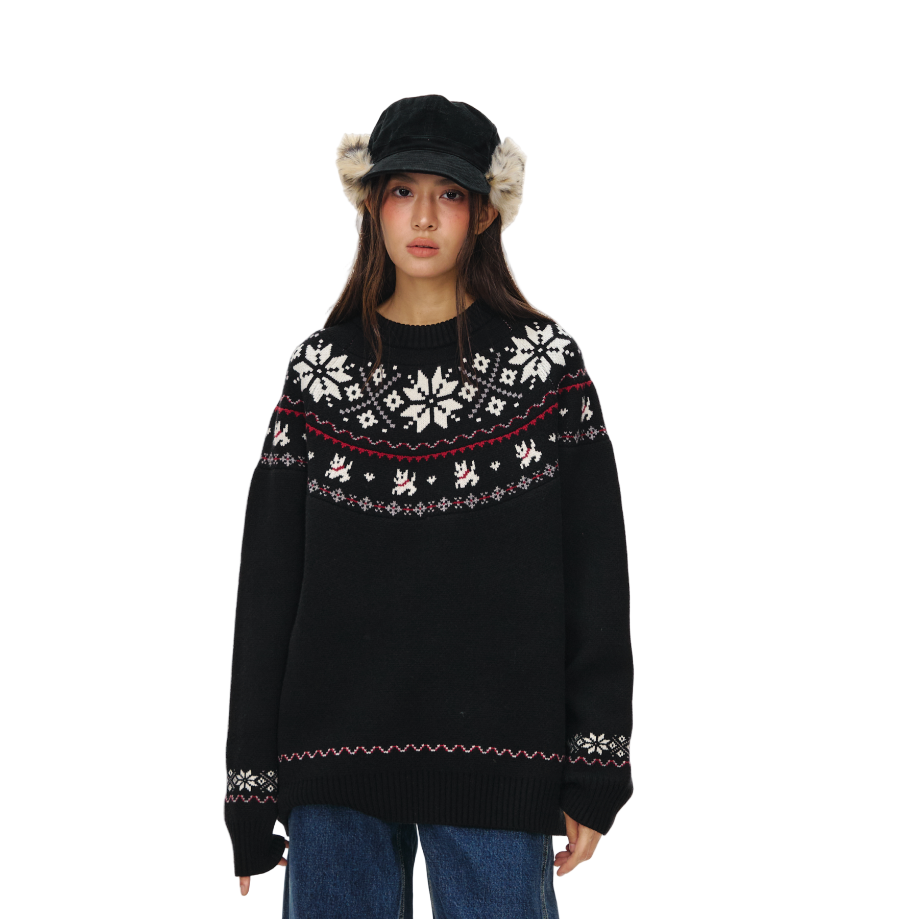 Black Fair Isle Jacquard Crew Neck Sweater