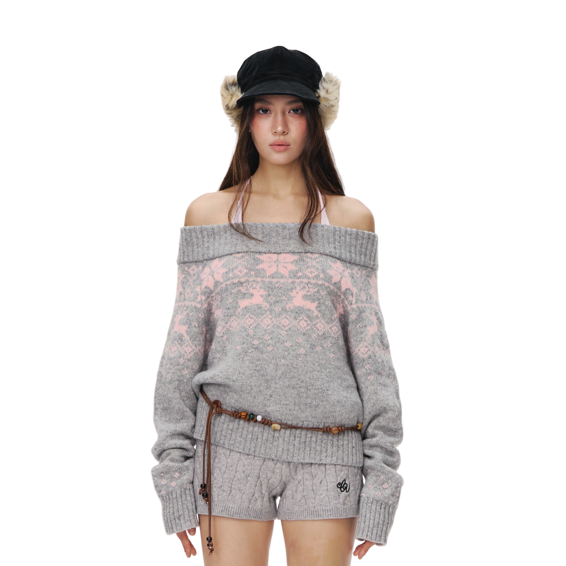 Light Grey Off-Shoulder Fair Isle Australian Wool Jacquard Pullover Sweater