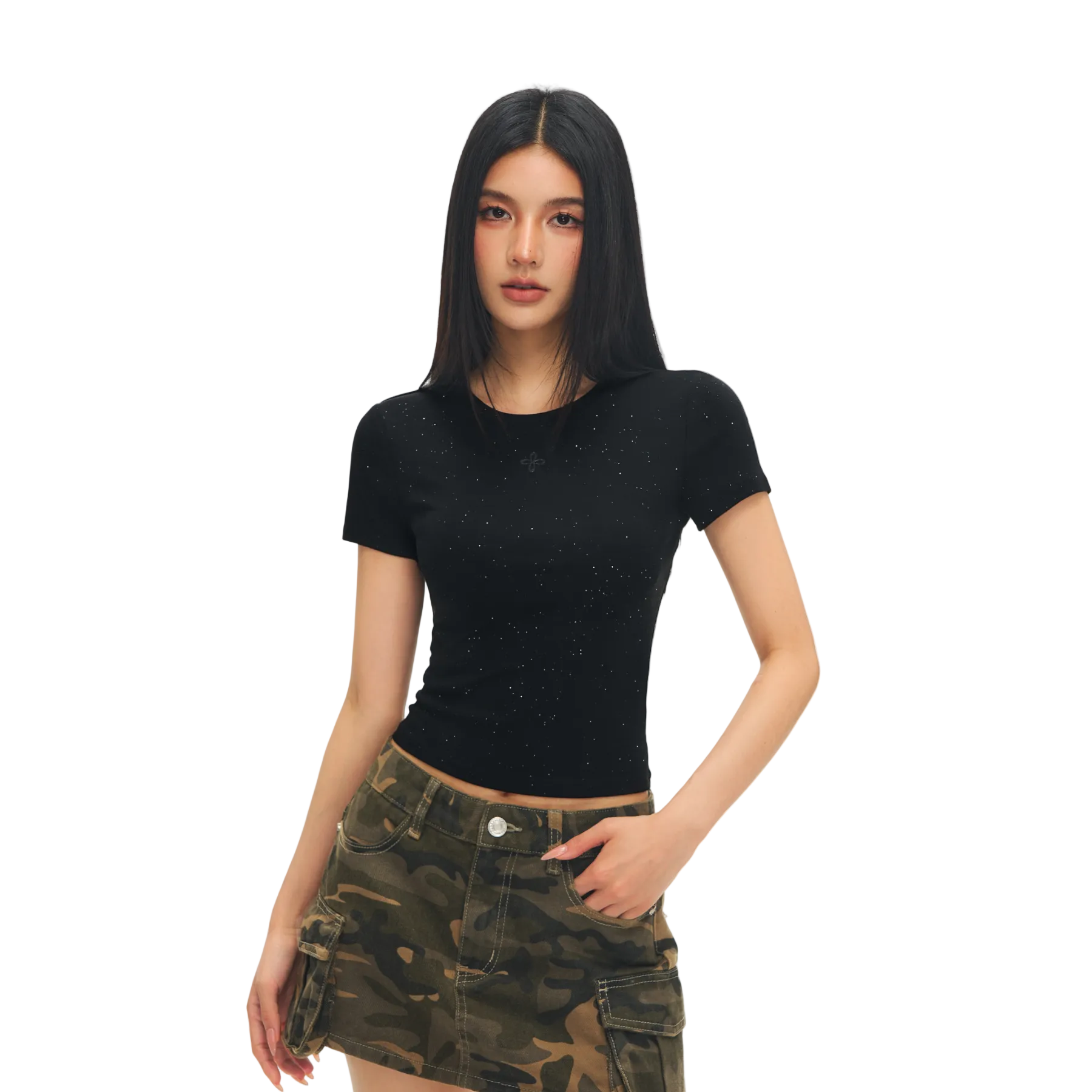 Black Cross Flower Rhinestone Crew Neck T-Shirt