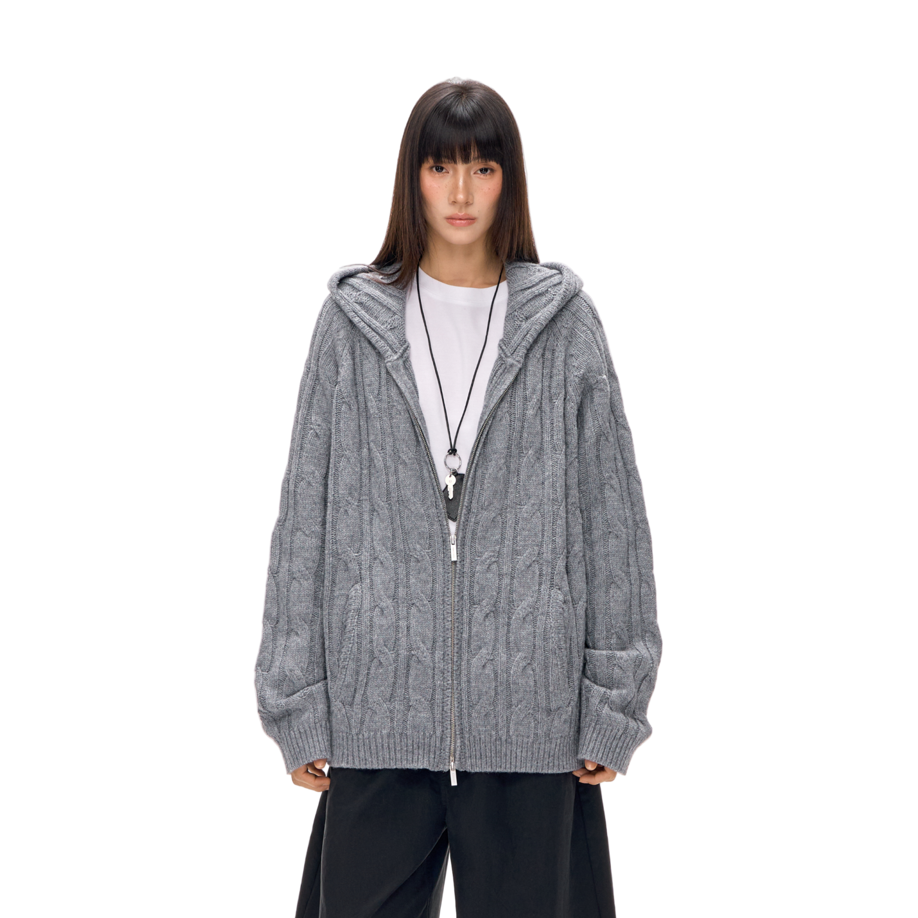 Wool Blend Cable Hooded Zip-Up Cardigan In Grey