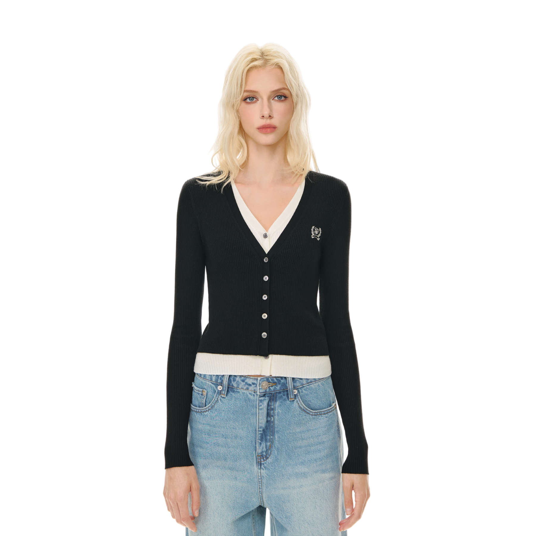 Tencel Wool Embroidered Fake Two-Piece V-Neck Knitted Cardigan In Black