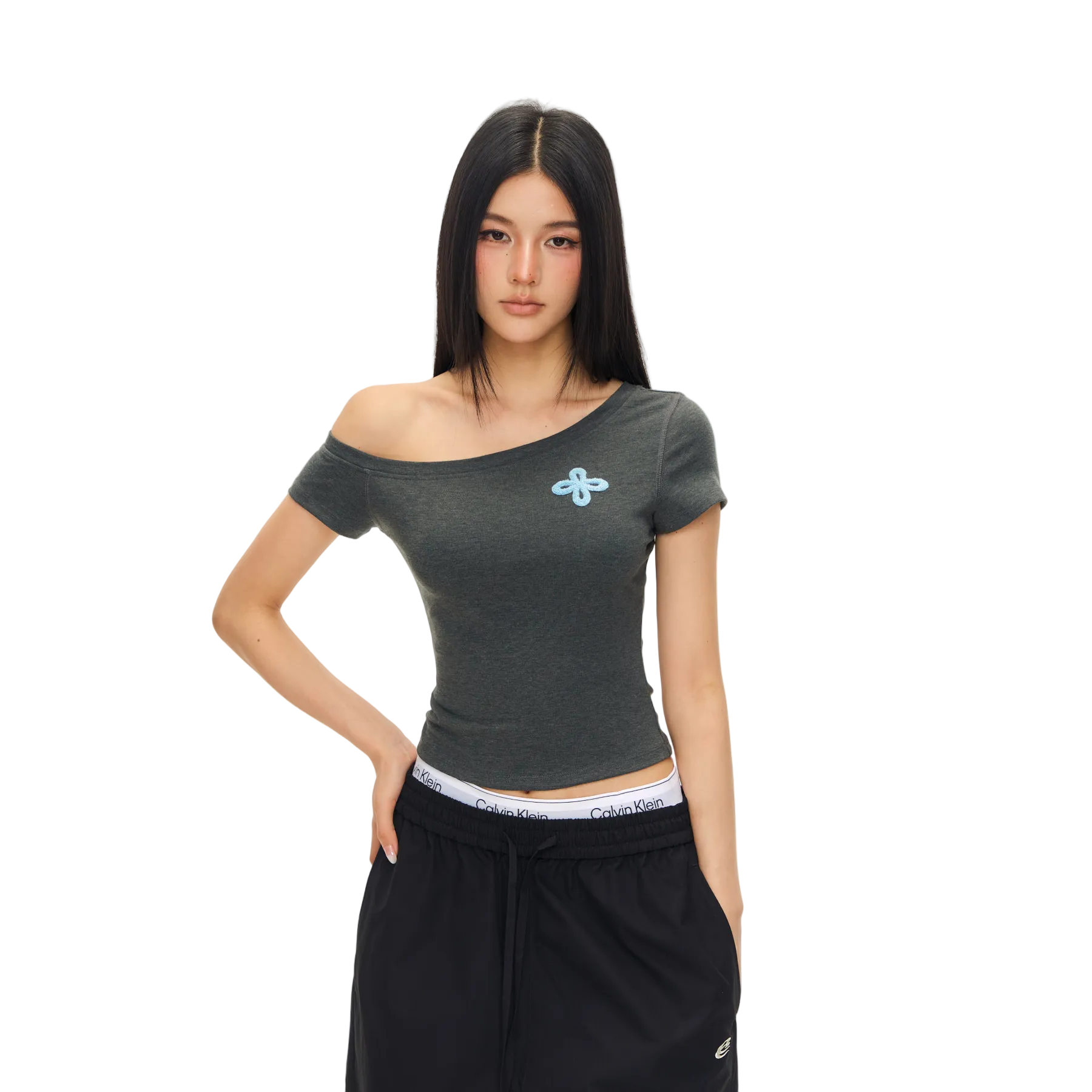 Grey Cross Towel Embroidery Off-Shoulder Short Sleeve