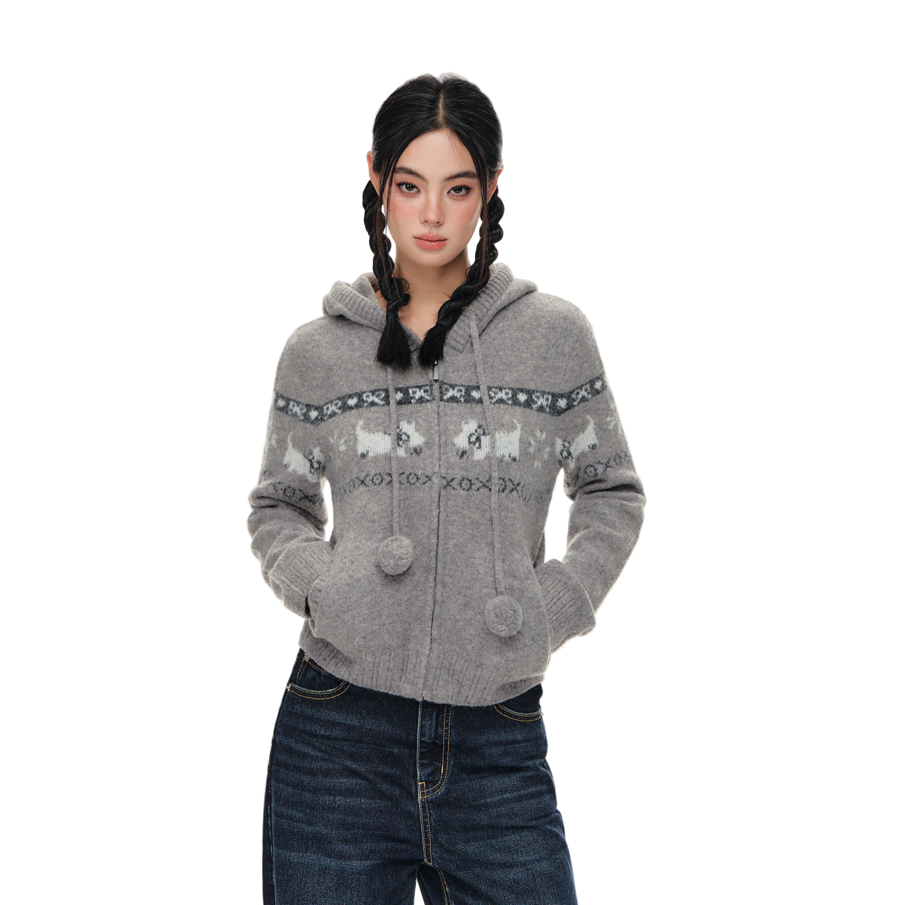 Grey Westie Knit Hooded Cardigan Sweater