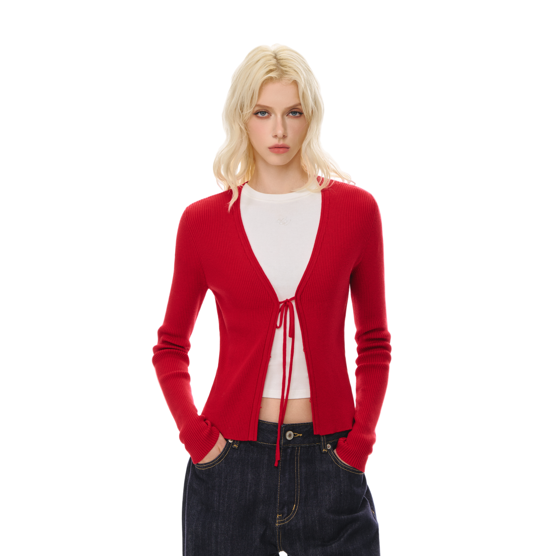 Red Wool Blend V-Neck Lace-Up Knit Cardigan 