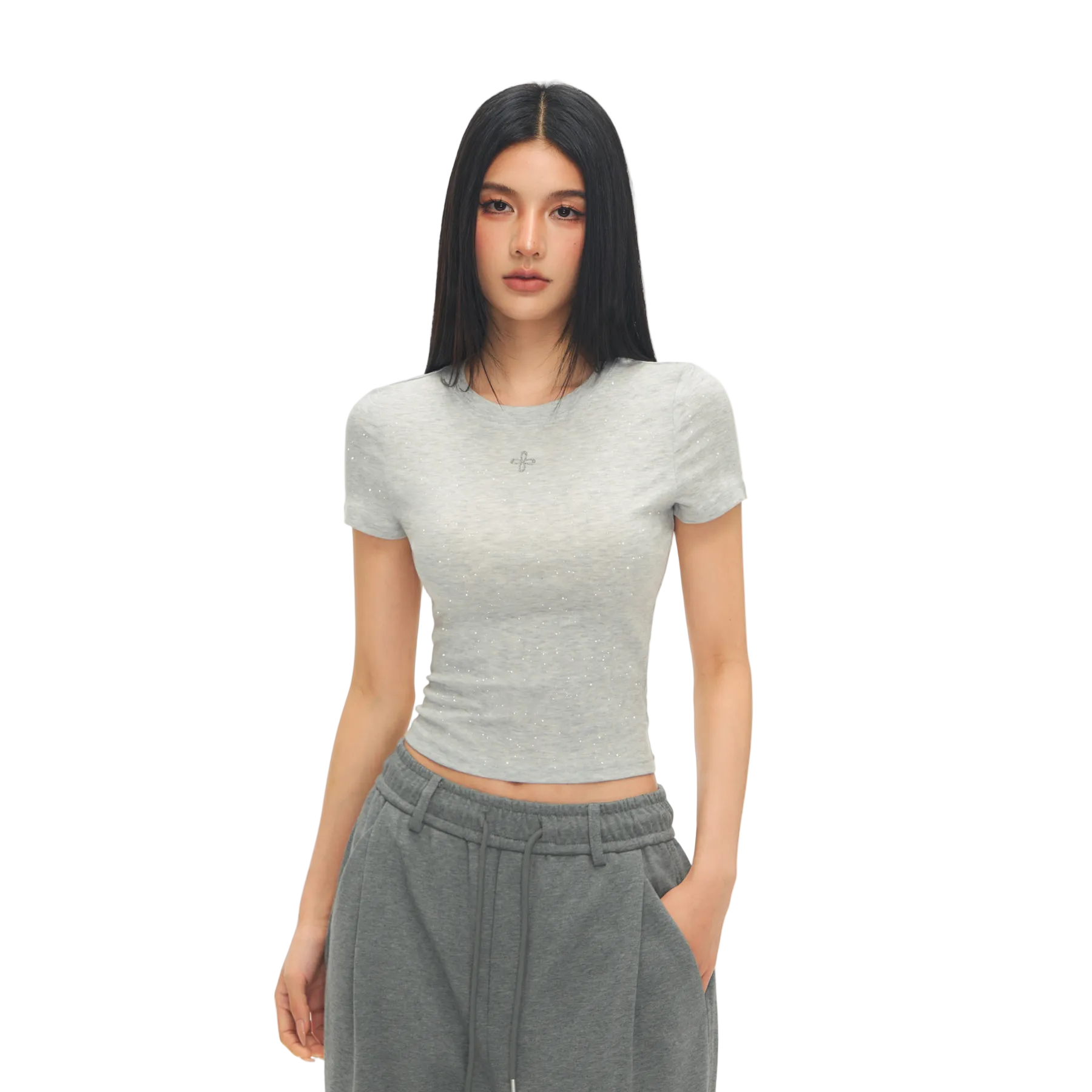 Gray Cross Flower Rhinestone Crew Neck T-Shirt