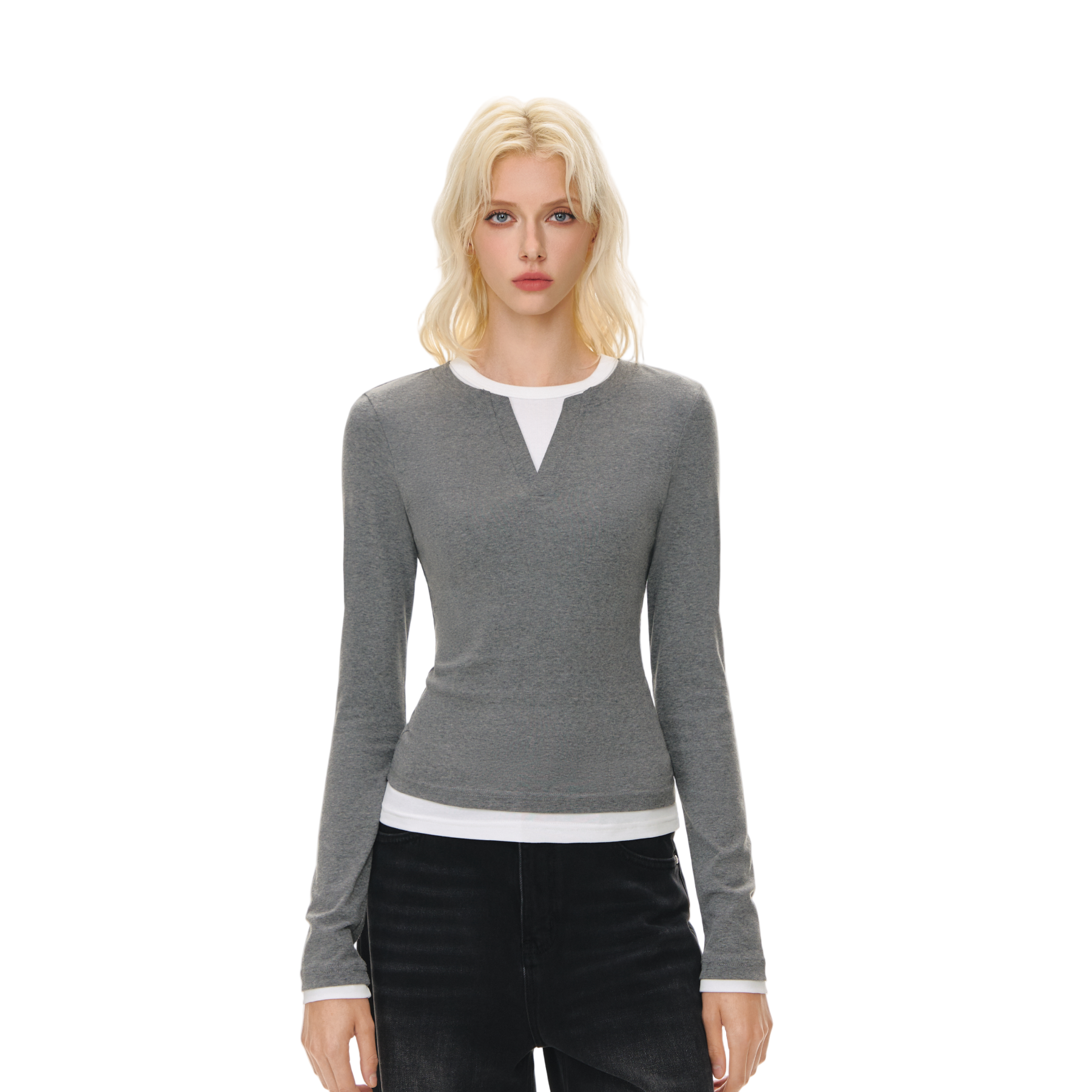 Gray Stretch Cotton Layered Fake Two-piece Long-sleeved T-shirt