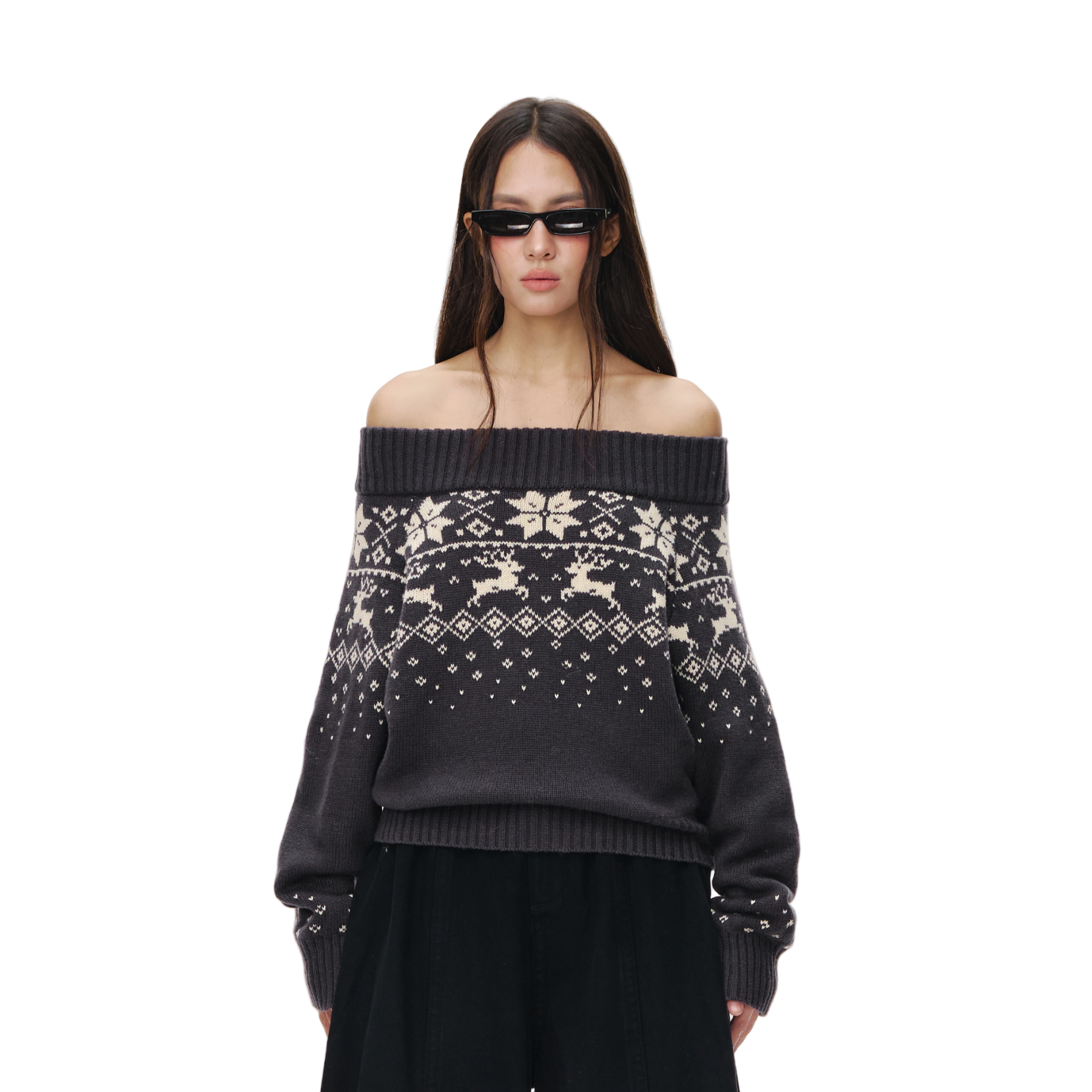 Dark Grey Off-Shoulder Fair Isle Australian Wool Jacquard Pullover Sweater