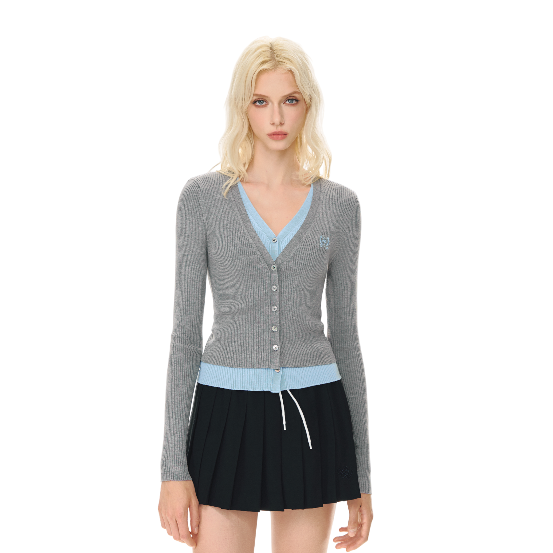Tencel Wool Embroidered Fake Two-Piece V-Neck Knitted Cardigan In Grey