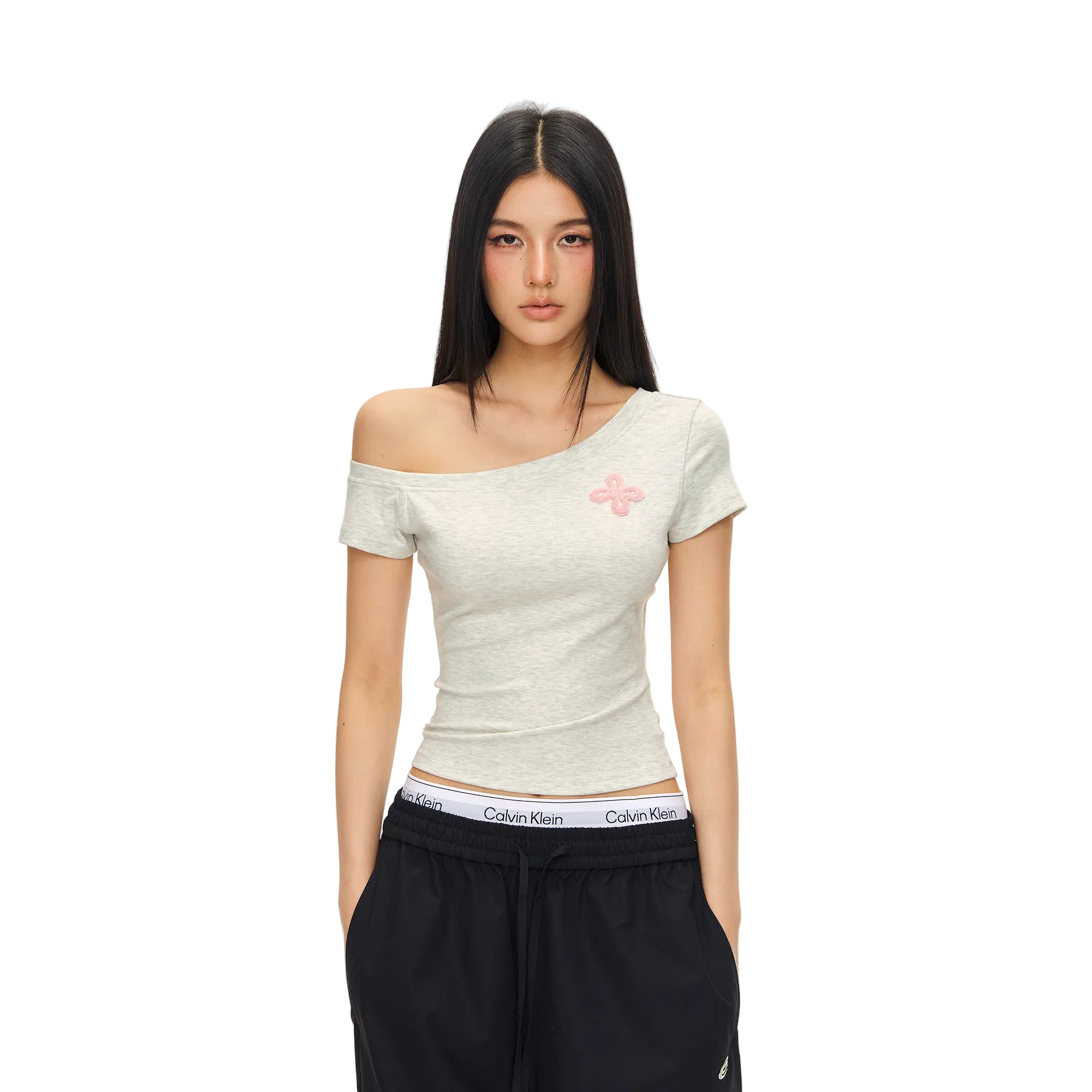 Oatmeal-colored Cross Towel Embroidery Off-Shoulder Short Sleeve
