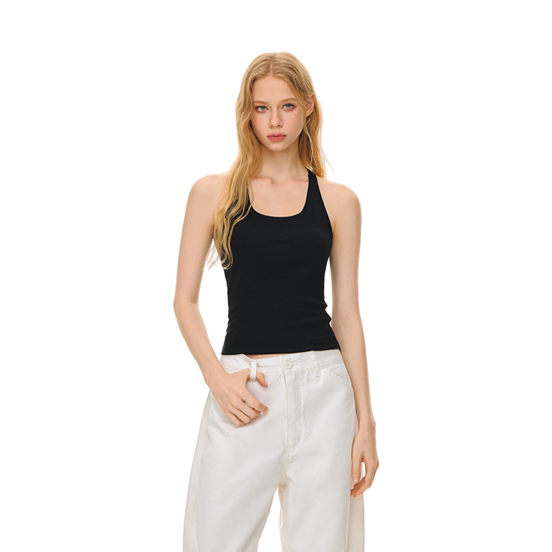 Tencel Wool U-Neck with Built-in Bra Tank Top In Black