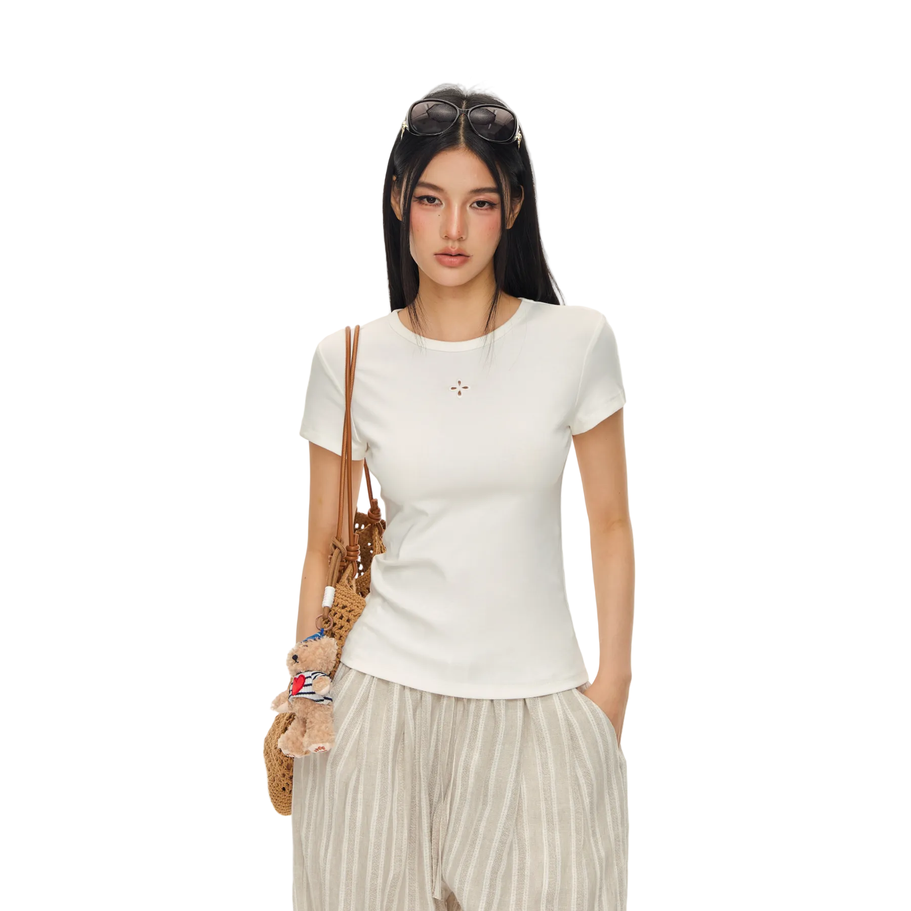 White Hollow-out Cross Embroidery Slim Fit Short Sleeve
