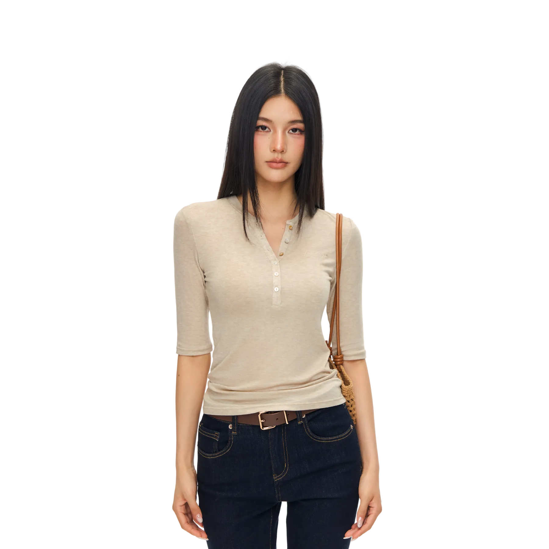 Light Brown Lyocell Wool Blend Henley Mid-Sleeve T-Shirt