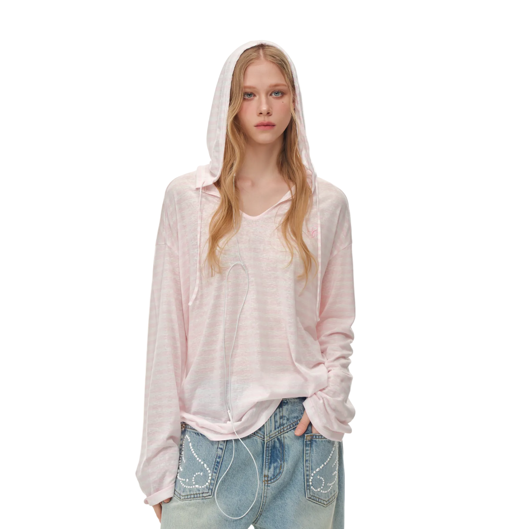 Pink Snowflake Texture Striped Hooded Long-Sleeve
