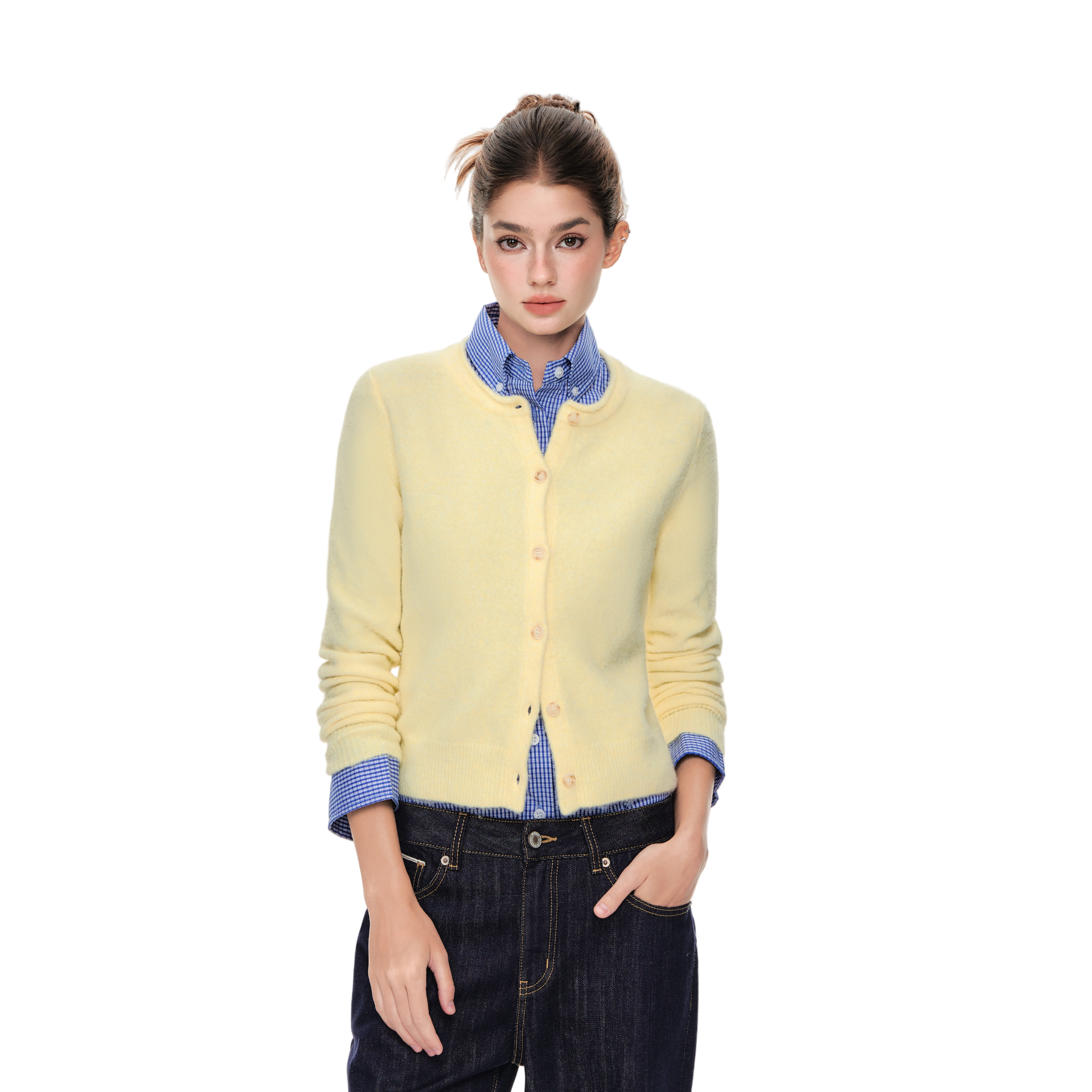 Yellow Soft Wool Blend Round Neck Curled Retro Knitted Cardigan