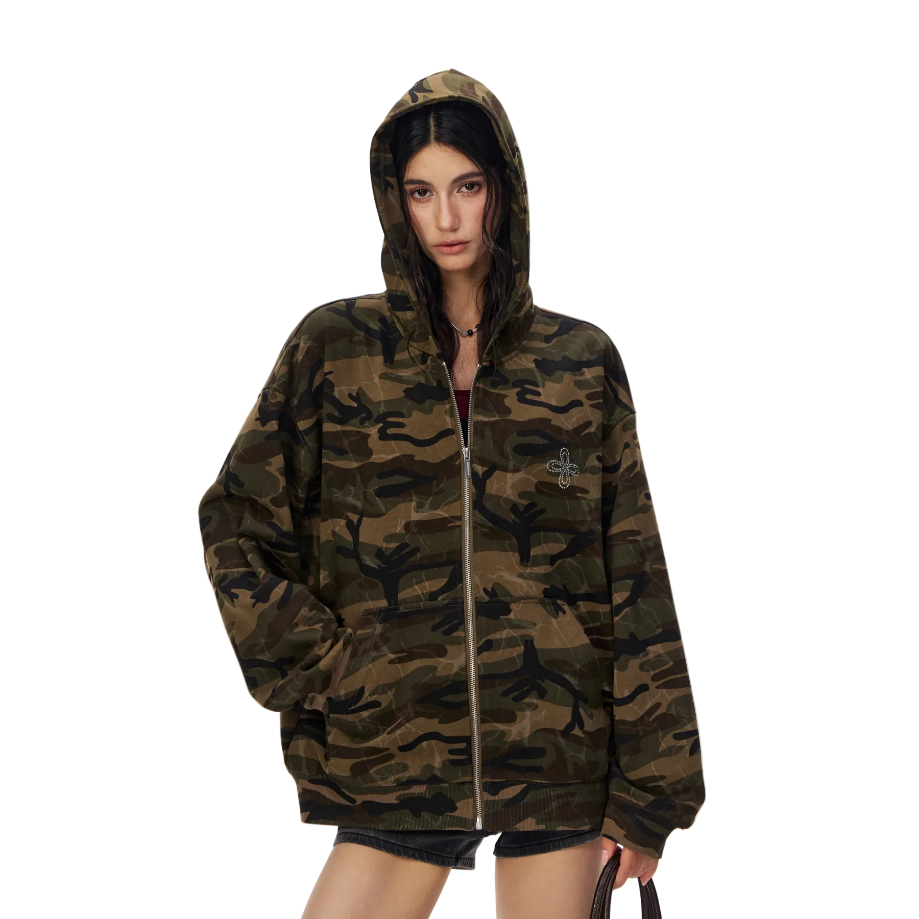 Camouflage Rhinestone Cross Flower Hooded Sweatshirt