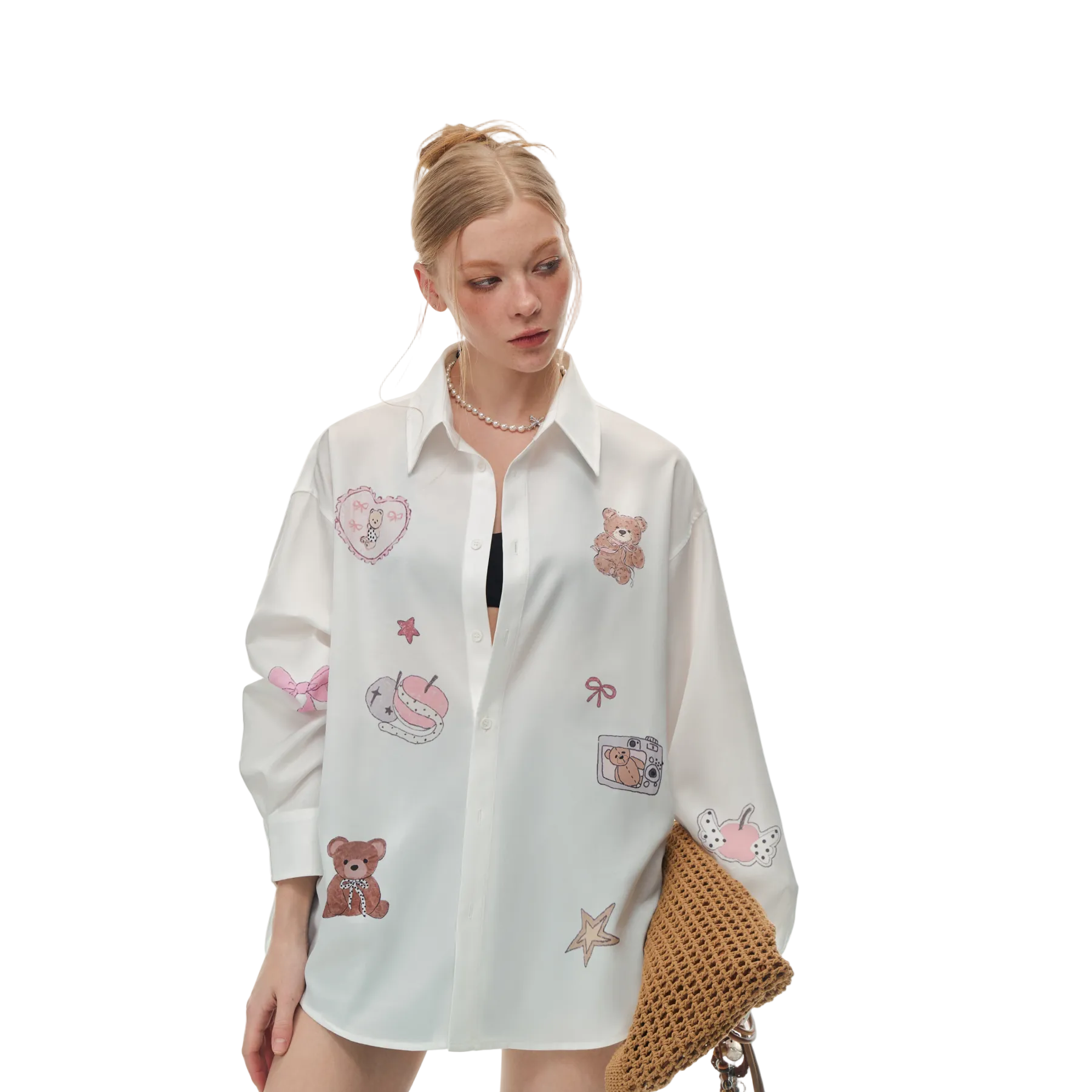 White Acetate Satin Bear Print Shirt