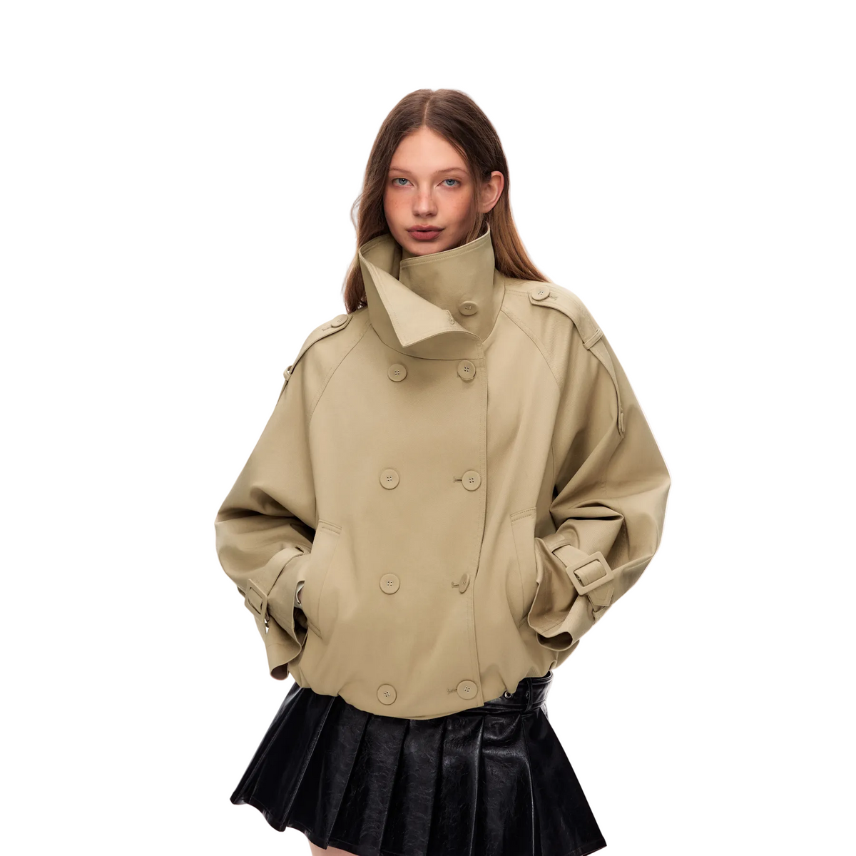 Khaki Tencel Cotton Stand Collar Double-Breasted Jacket