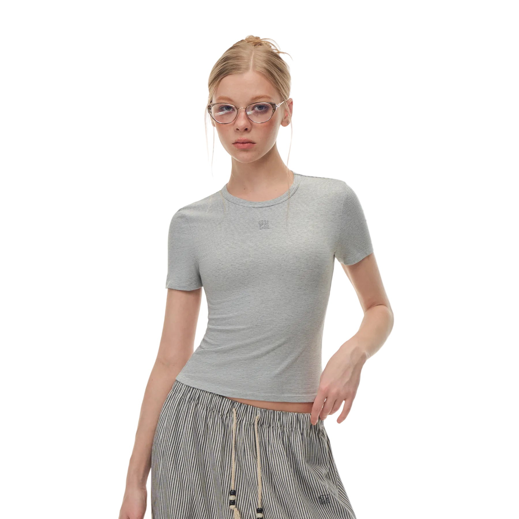 Grey Striped Color-Blocked Short-Sleeve T-Shirt