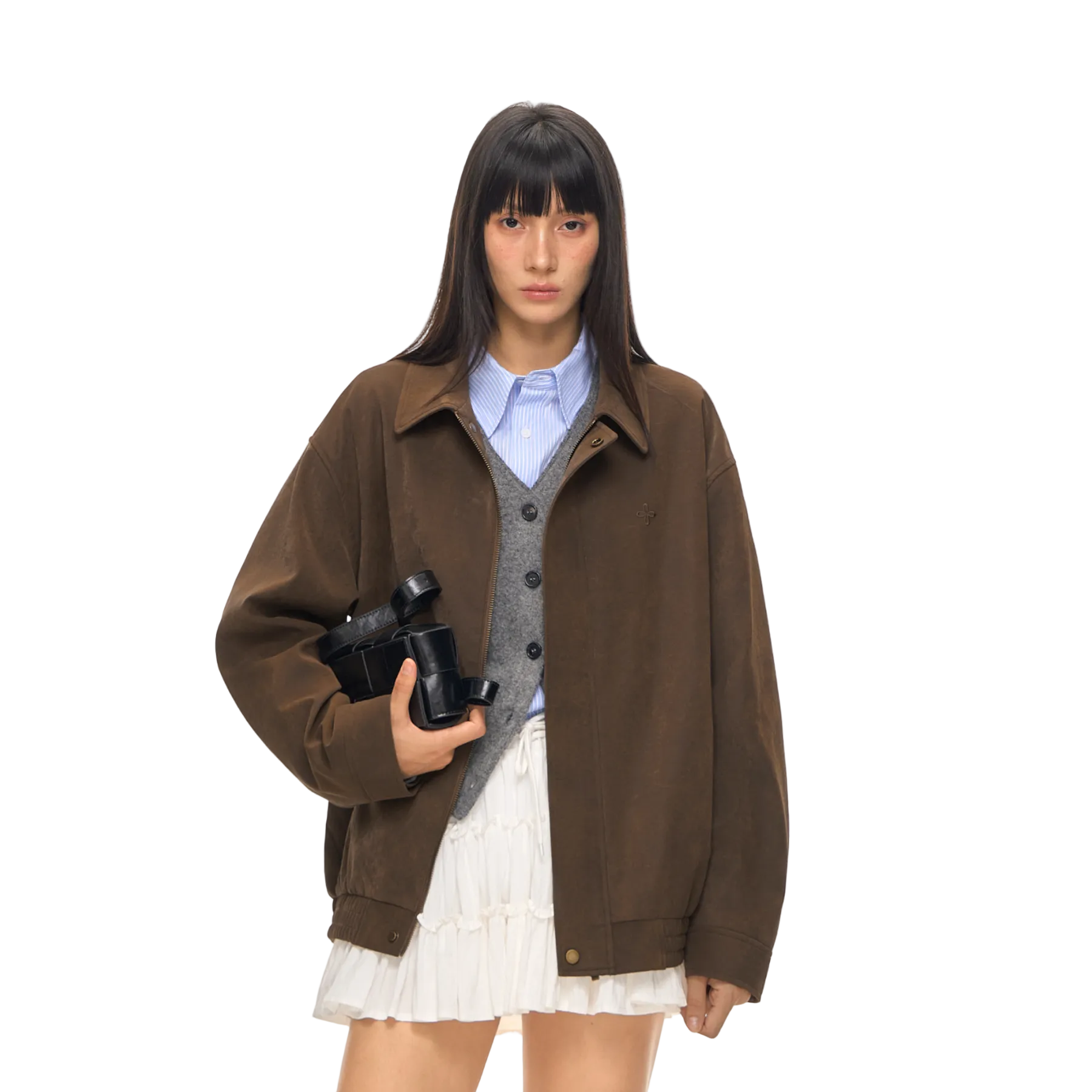 Brown Fleece-Feel Collar Eco-Friendly Leather Jacket