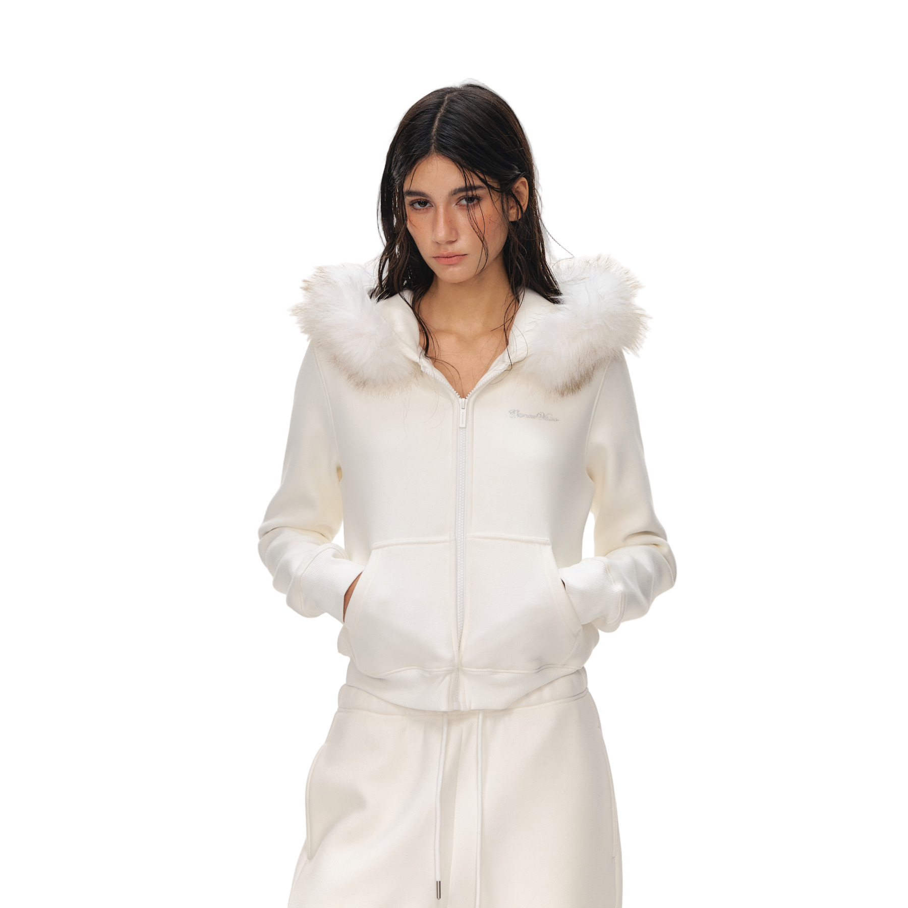 White Double-Sided Fleece Hooded Jacket with Detachable Fur Collar